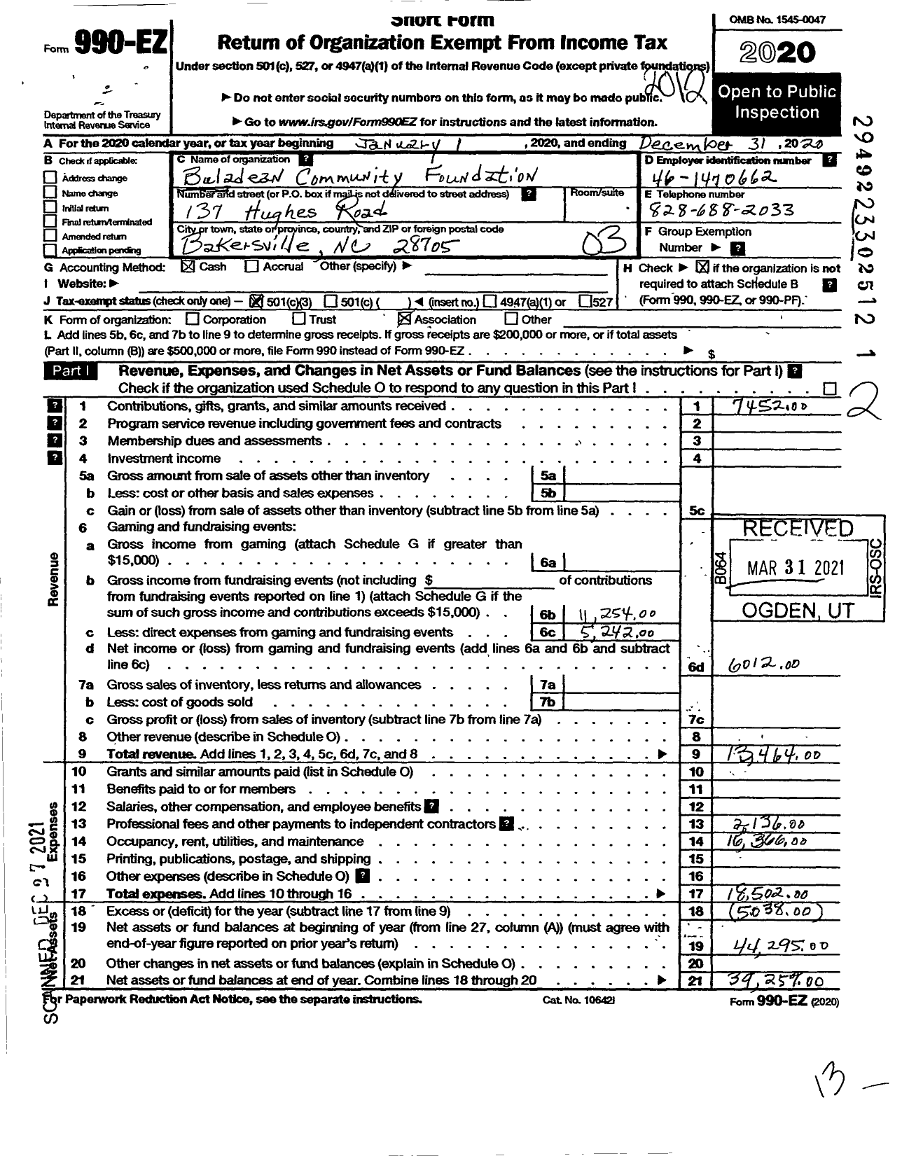 Image of first page of 2020 Form 990EZ for Buladean Community Foundation