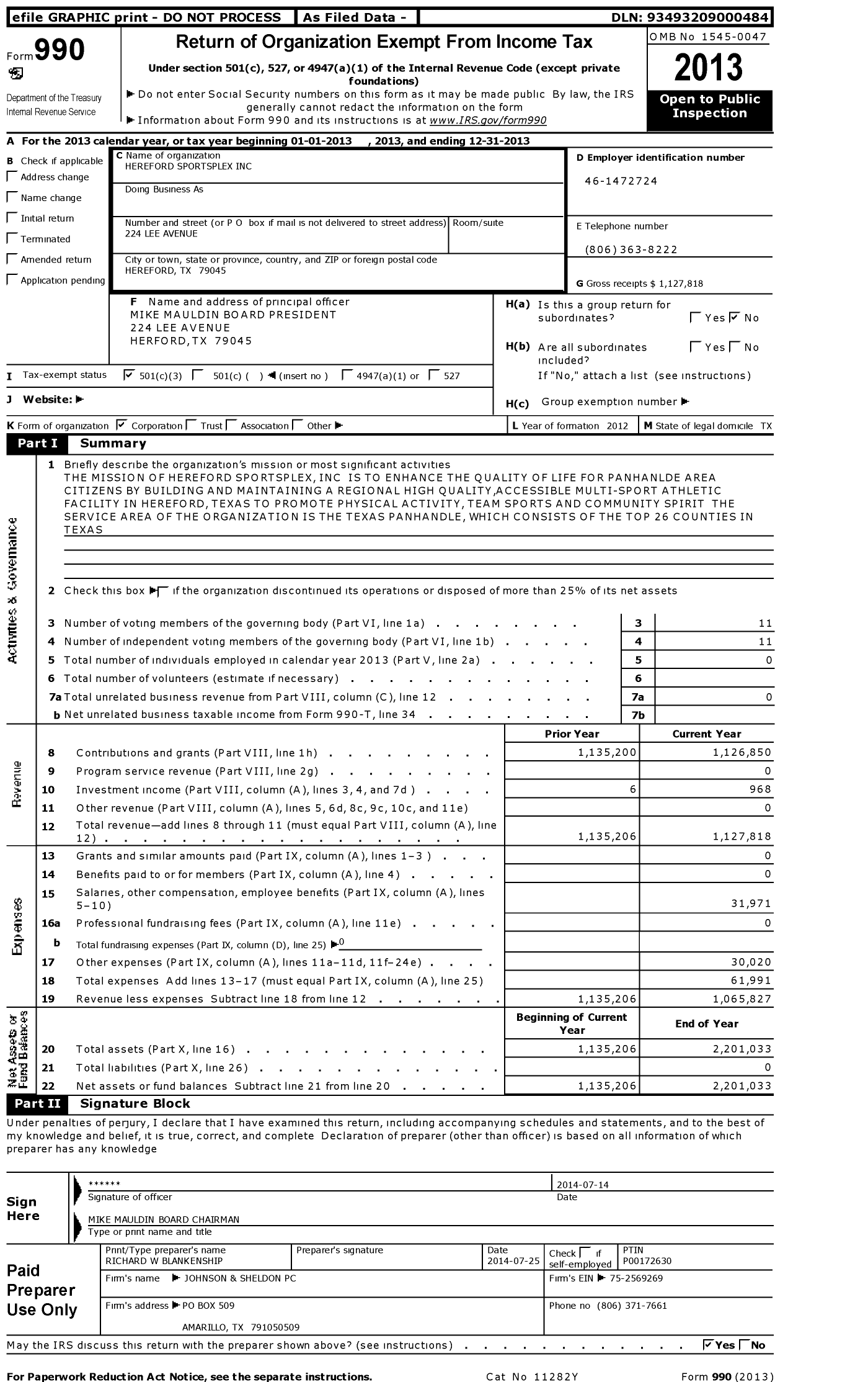 Image of first page of 2013 Form 990 for Caviness Sportsplex