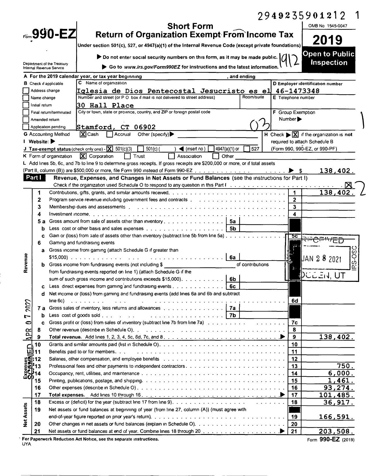 Image of first page of 2019 Form 990EZ for Iglesia de Dios Pentecostal Jesucristo es el Camino