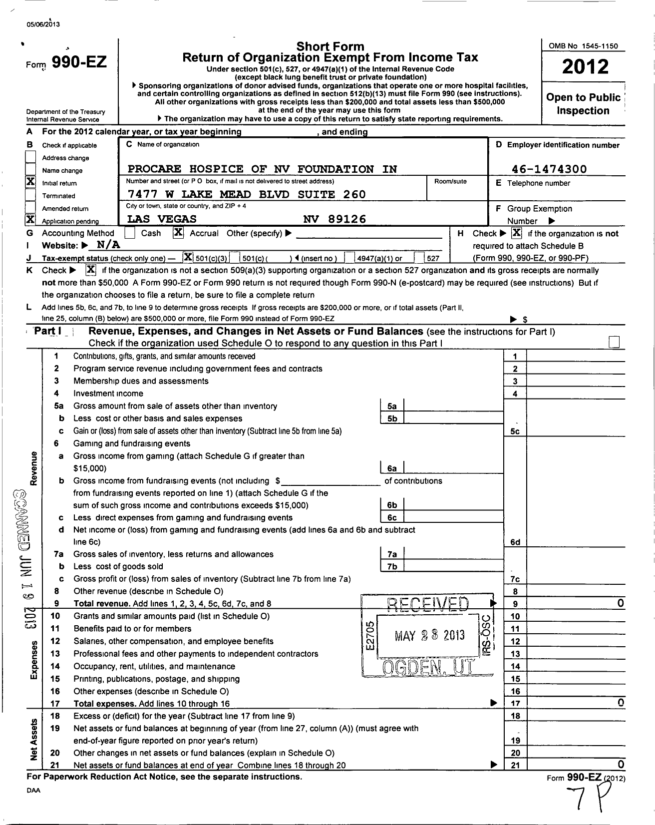 Image of first page of 2012 Form 990EZ for Procare Hospice of Nevada Foundation
