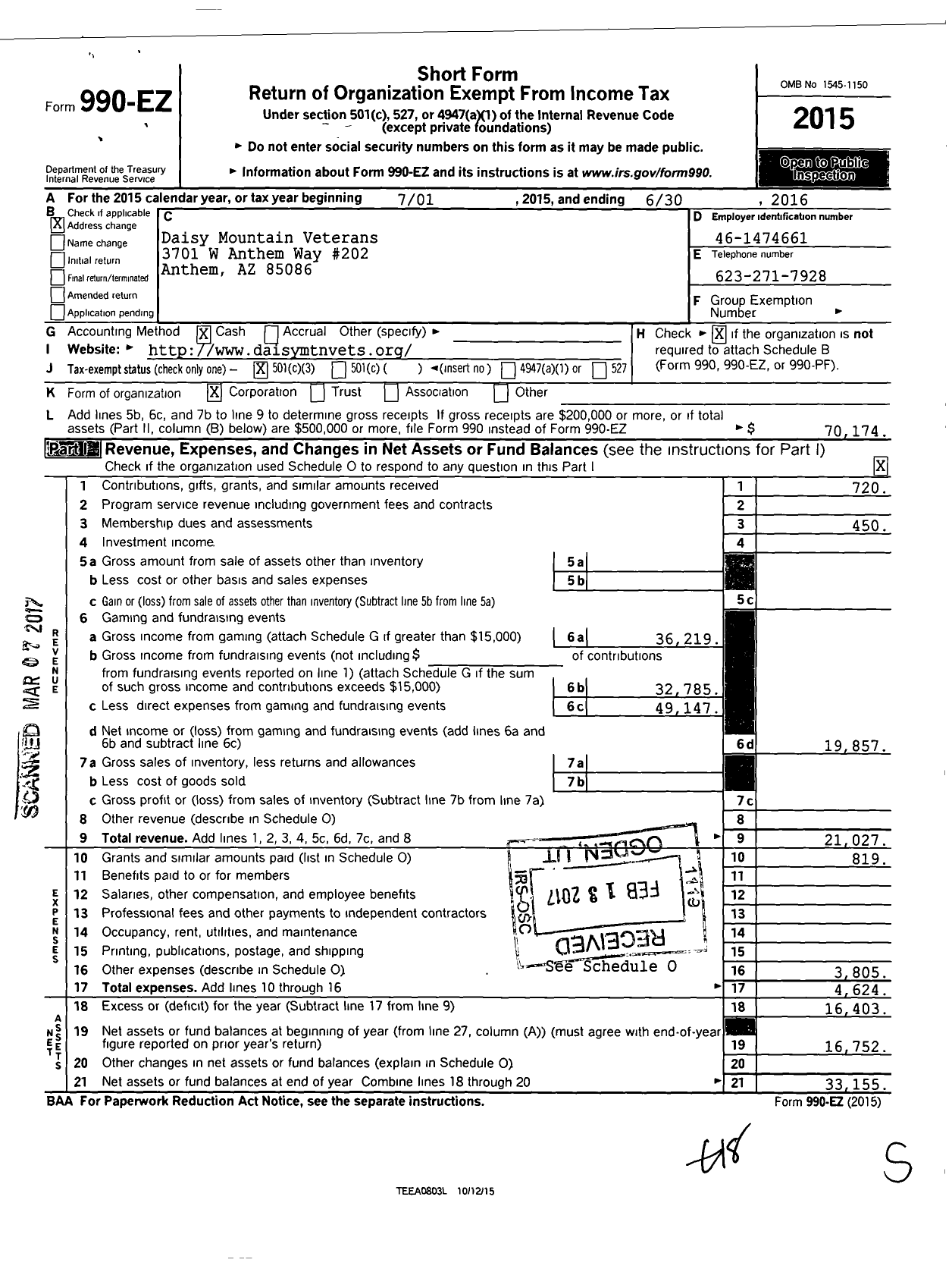 Image of first page of 2015 Form 990EZ for Daisy Mountain Veterans