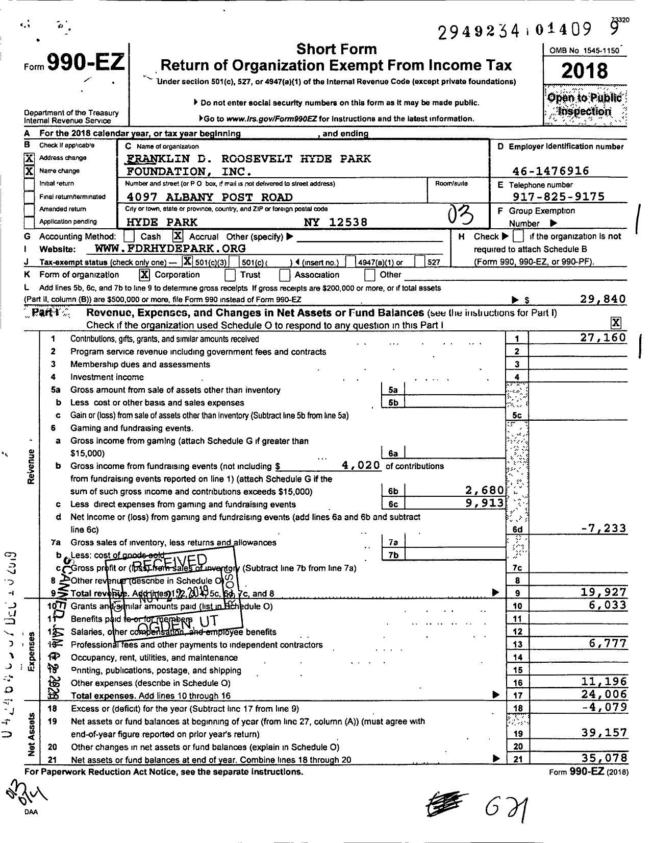 Image of first page of 2018 Form 990EZ for Franklin D Roosevelt Hyde Park Foundation