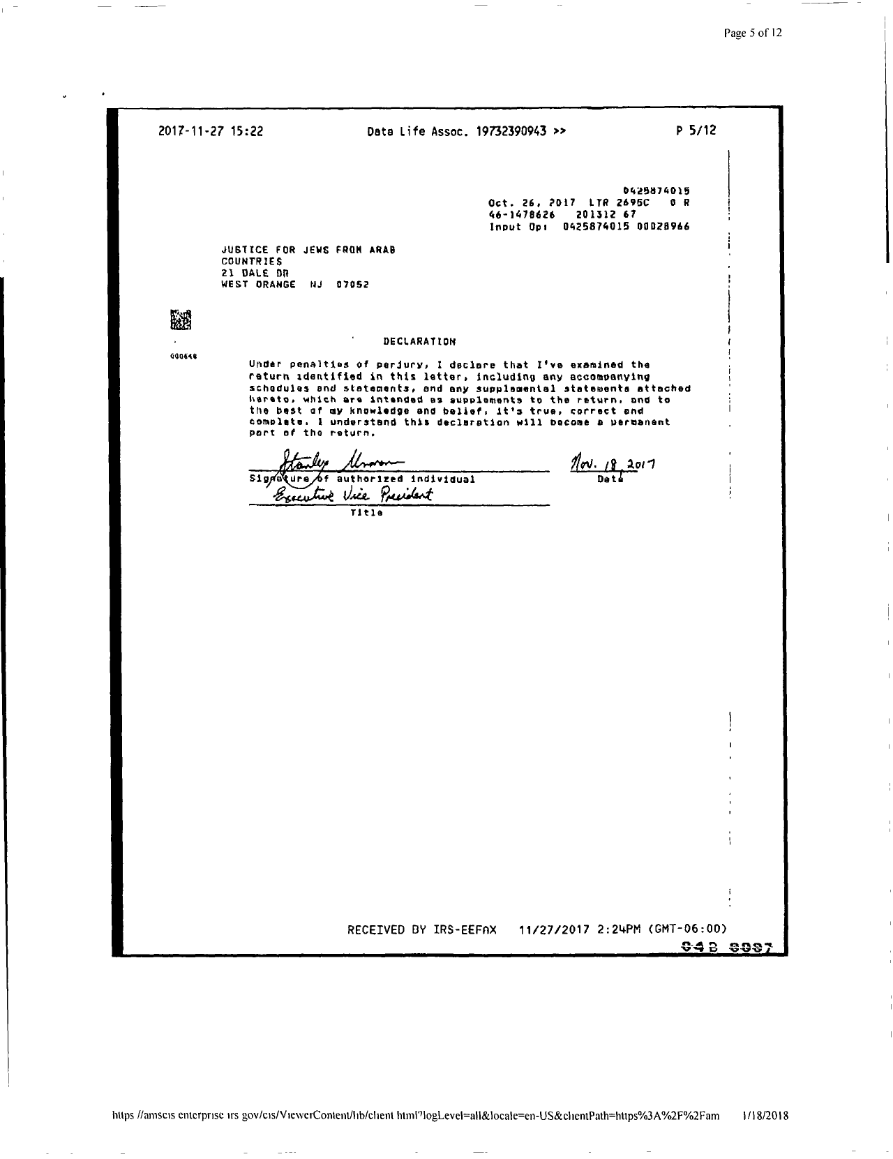 Image of first page of 2013 Form 990ER for Justice for Jews of Arab Countries