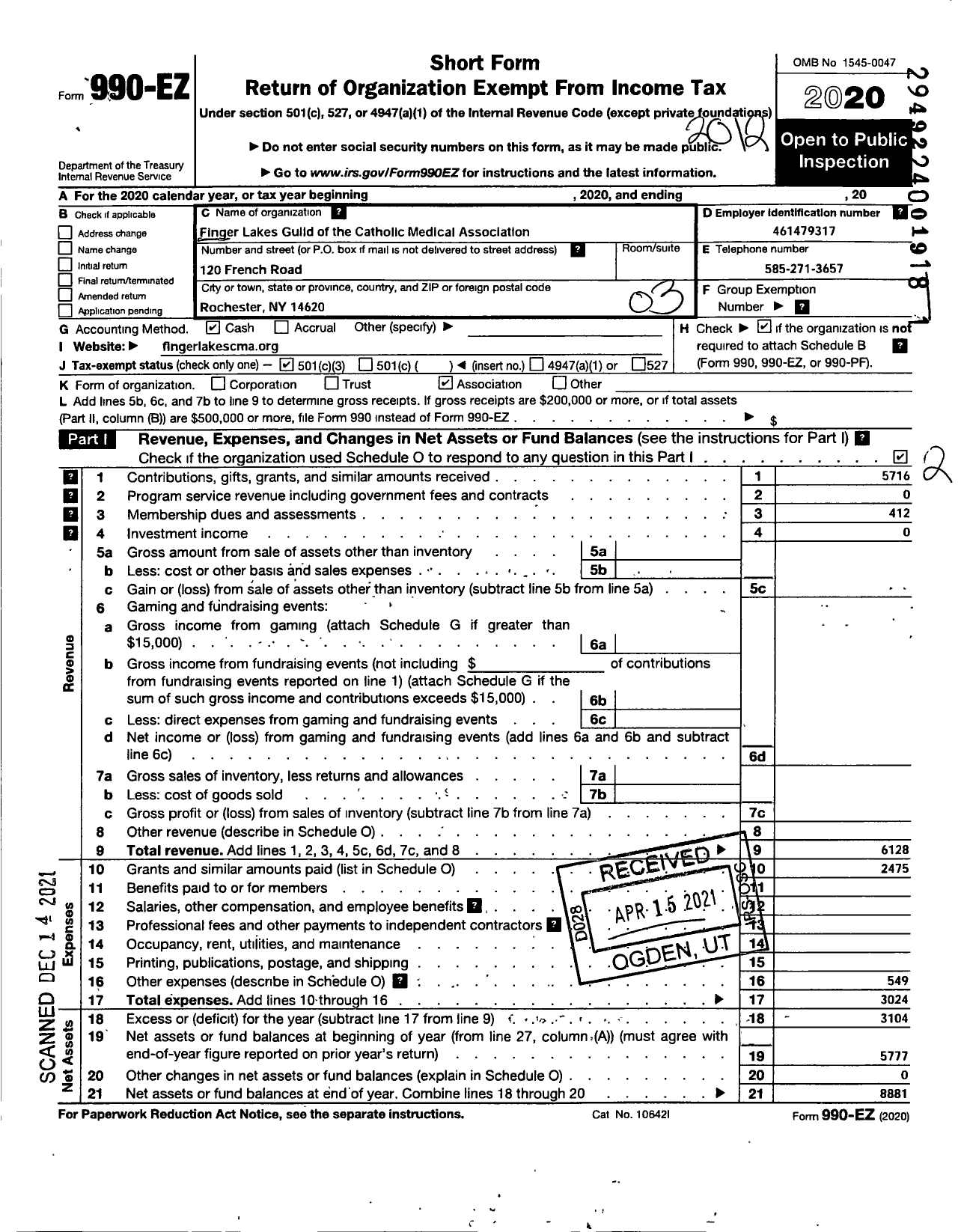 Image of first page of 2020 Form 990EZ for Finger Lakes Guild