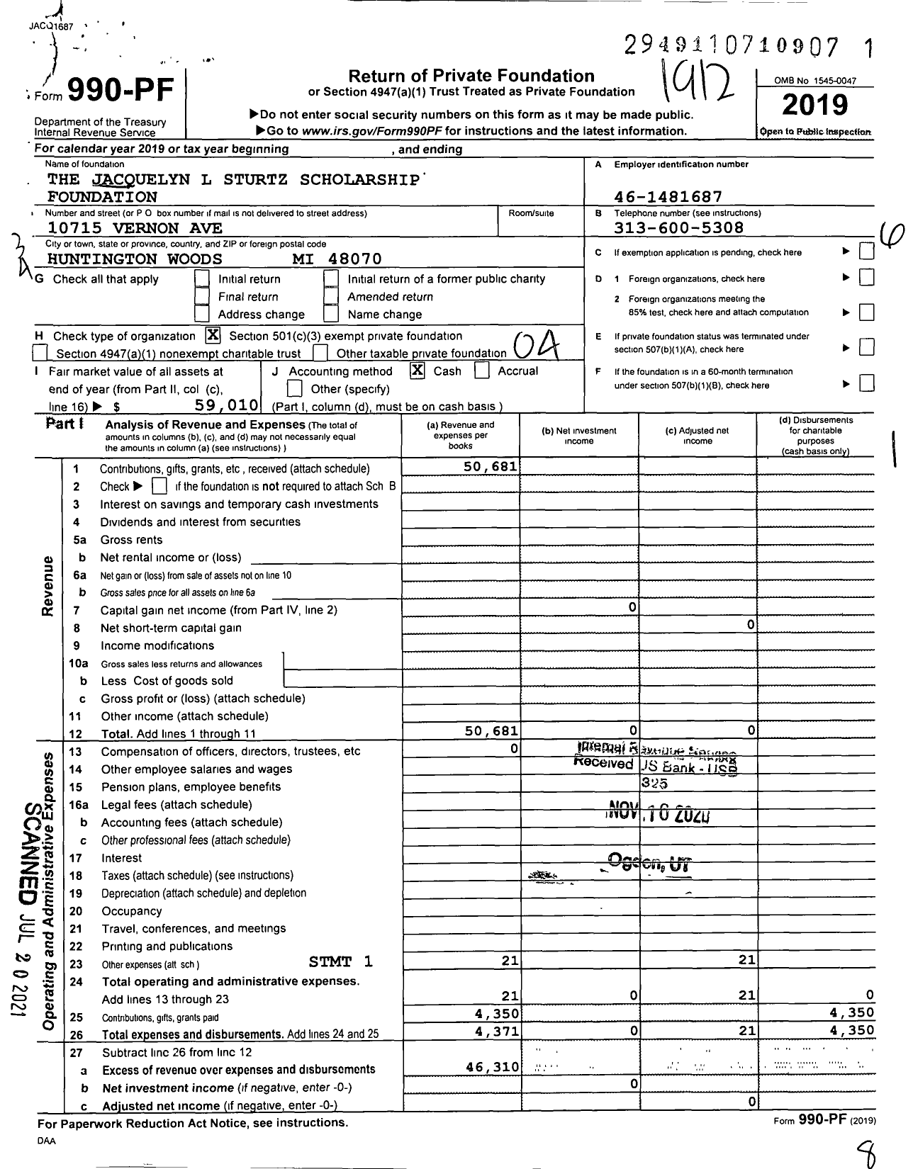 Image of first page of 2019 Form 990PF for The Jacquelyn L Sturtz Scholarship Foundation