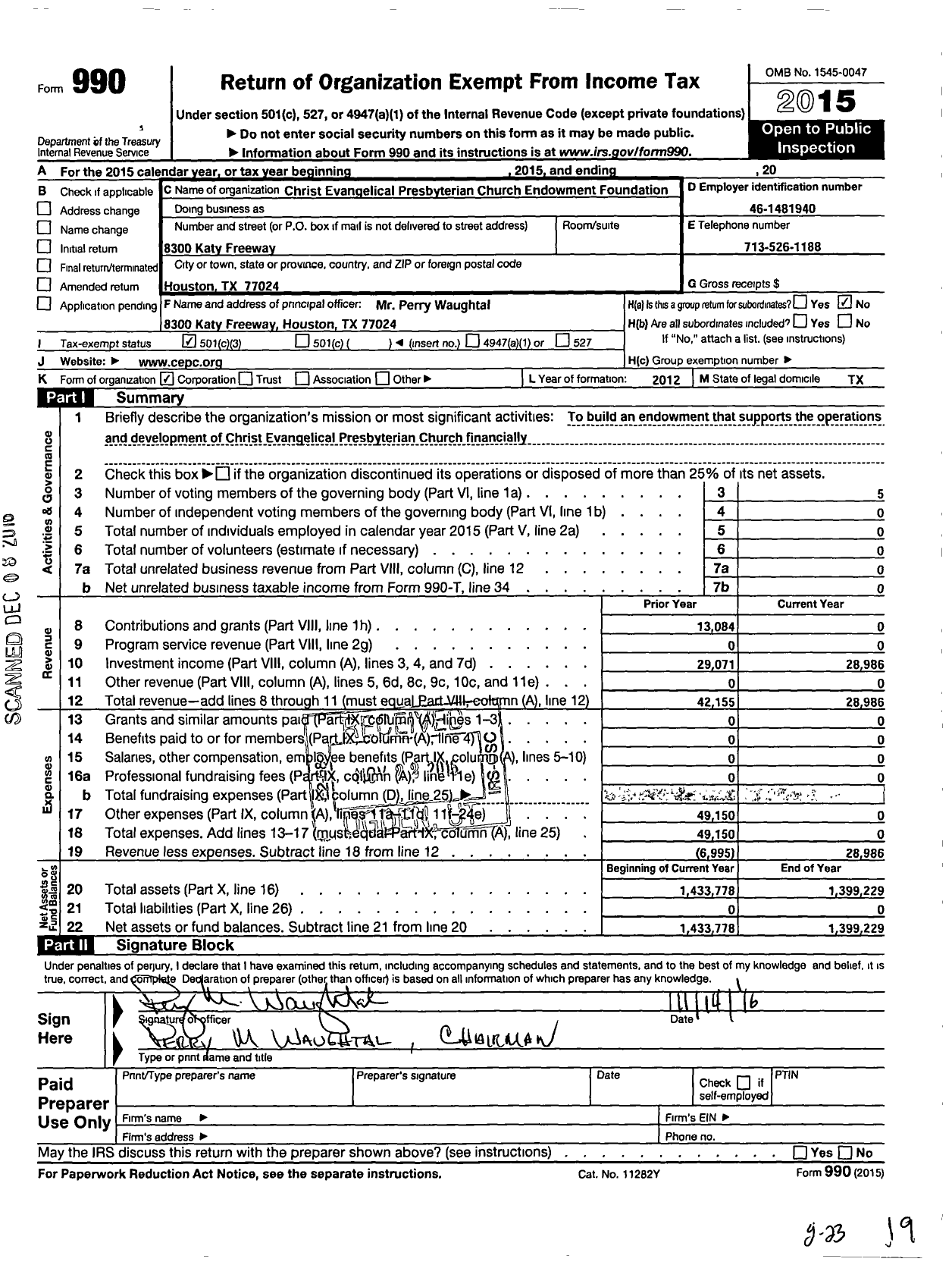 Image of first page of 2015 Form 990 for Christ Evangelical Presbyterian Church Endowment Foundation