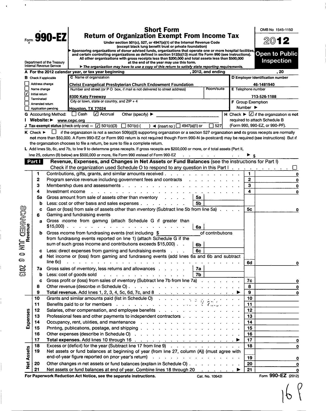 Image of first page of 2012 Form 990EZ for Christ Evangelical Presbyterian Church Endowment Foundation