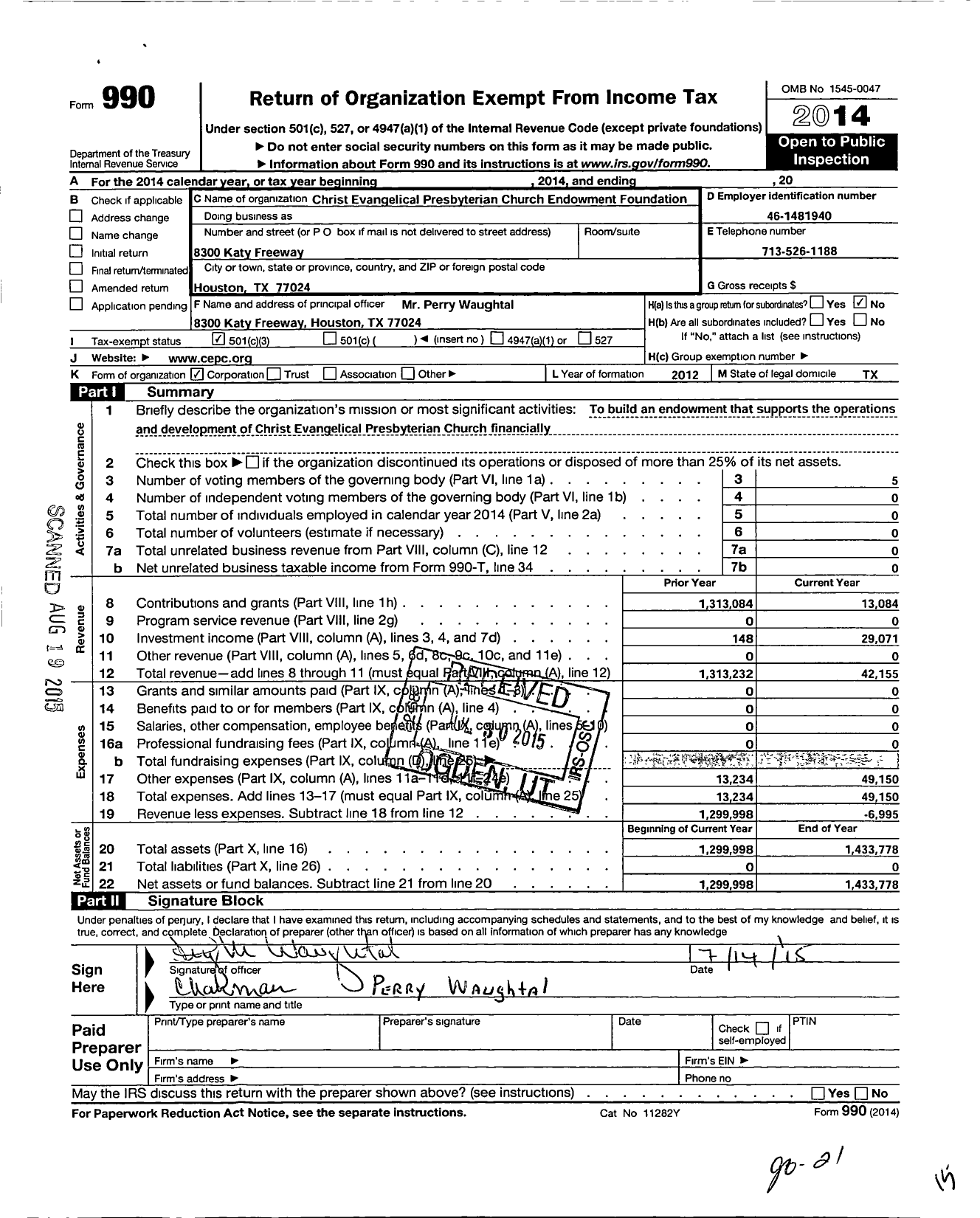 Image of first page of 2014 Form 990 for Christ Evangelical Presbyterian Church Endowment Foundation