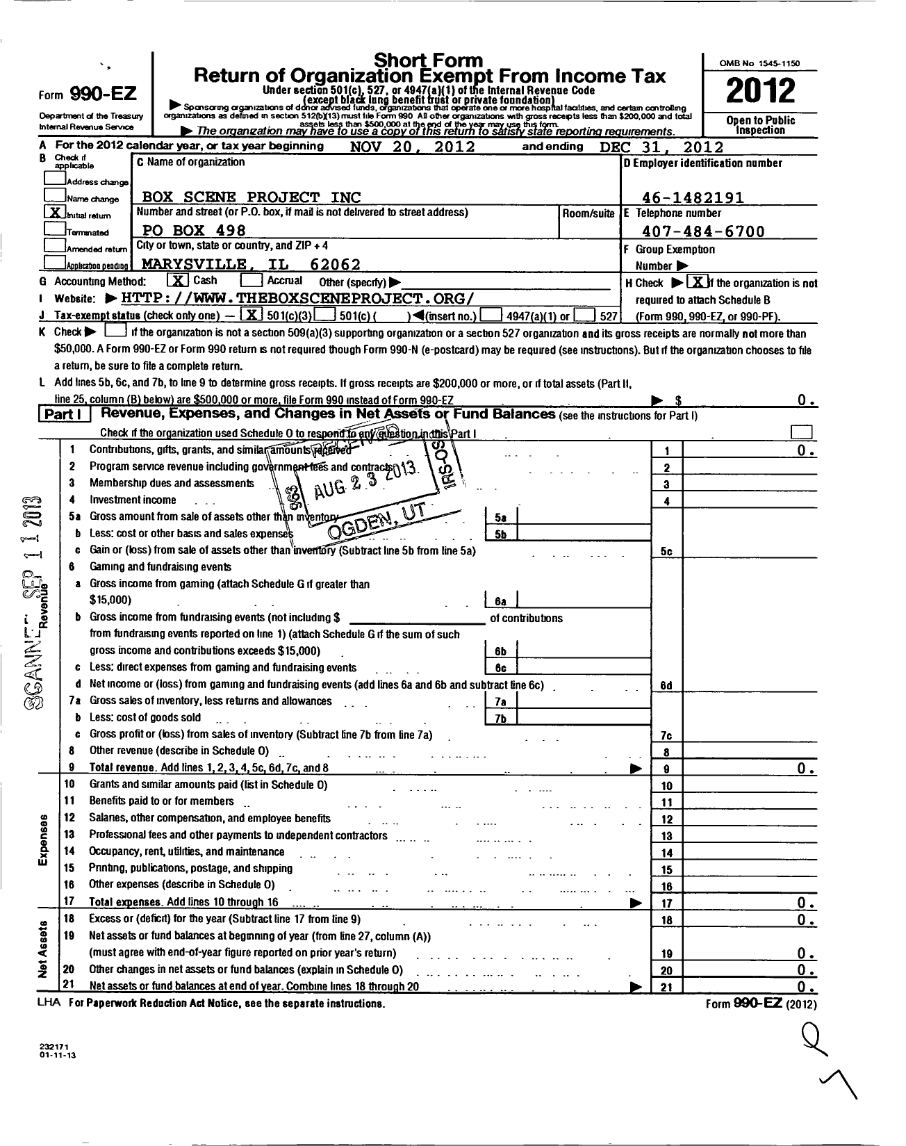 Image of first page of 2012 Form 990EZ for BoxSceneProjectInc