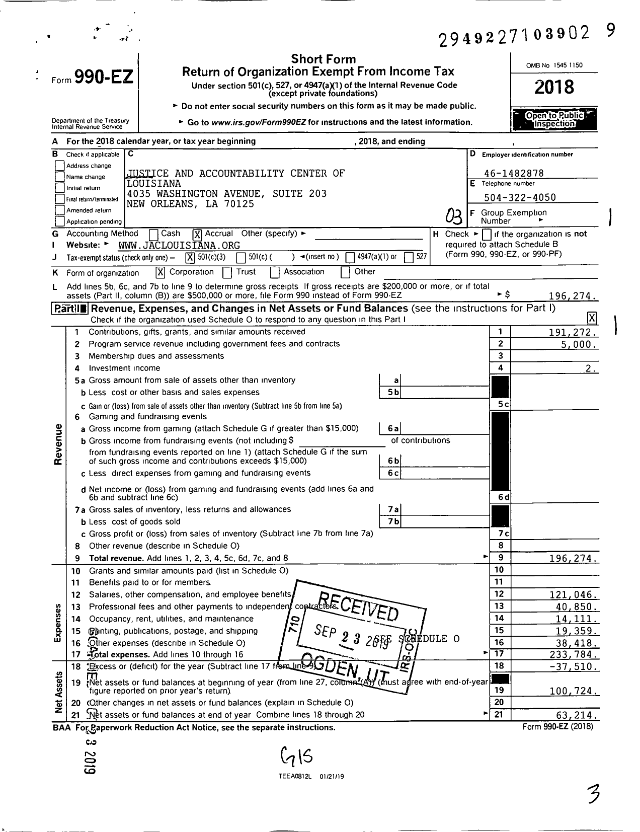 Image of first page of 2018 Form 990EZ for Justice and Accountability Center of Louisiana