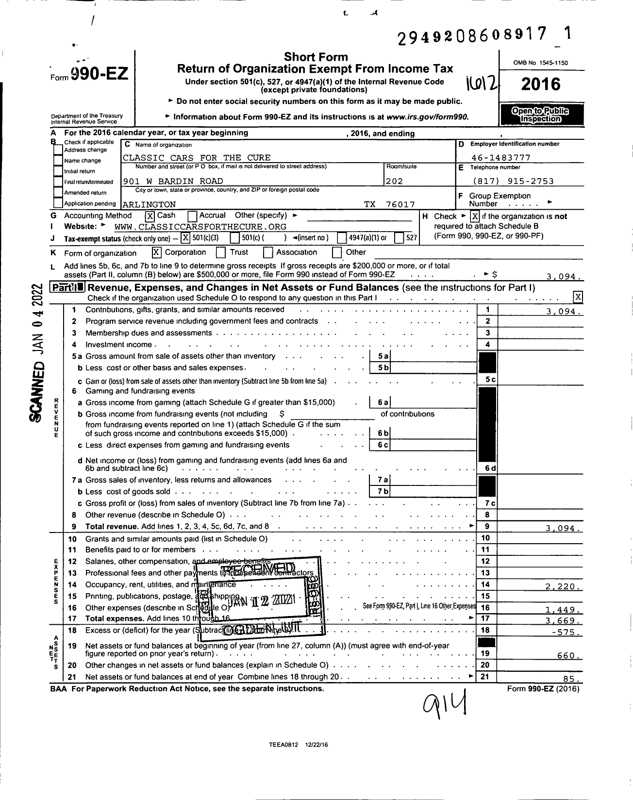 Image of first page of 2016 Form 990EZ for Classic Cars for the Cure