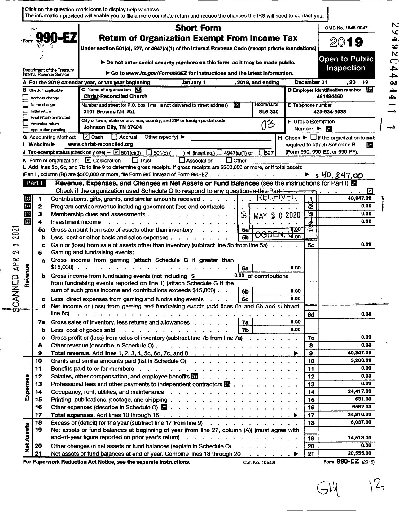 Image of first page of 2019 Form 990EZ for Christ-Reconciled Church