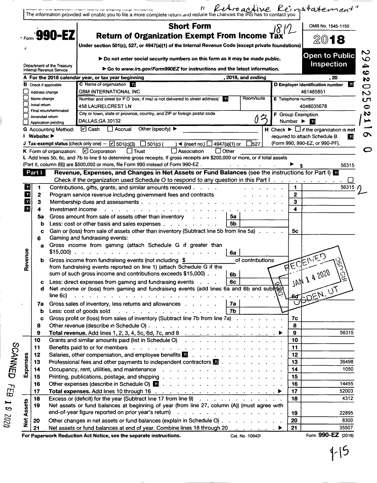 Image of first page of 2018 Form 990EZ for GBM International