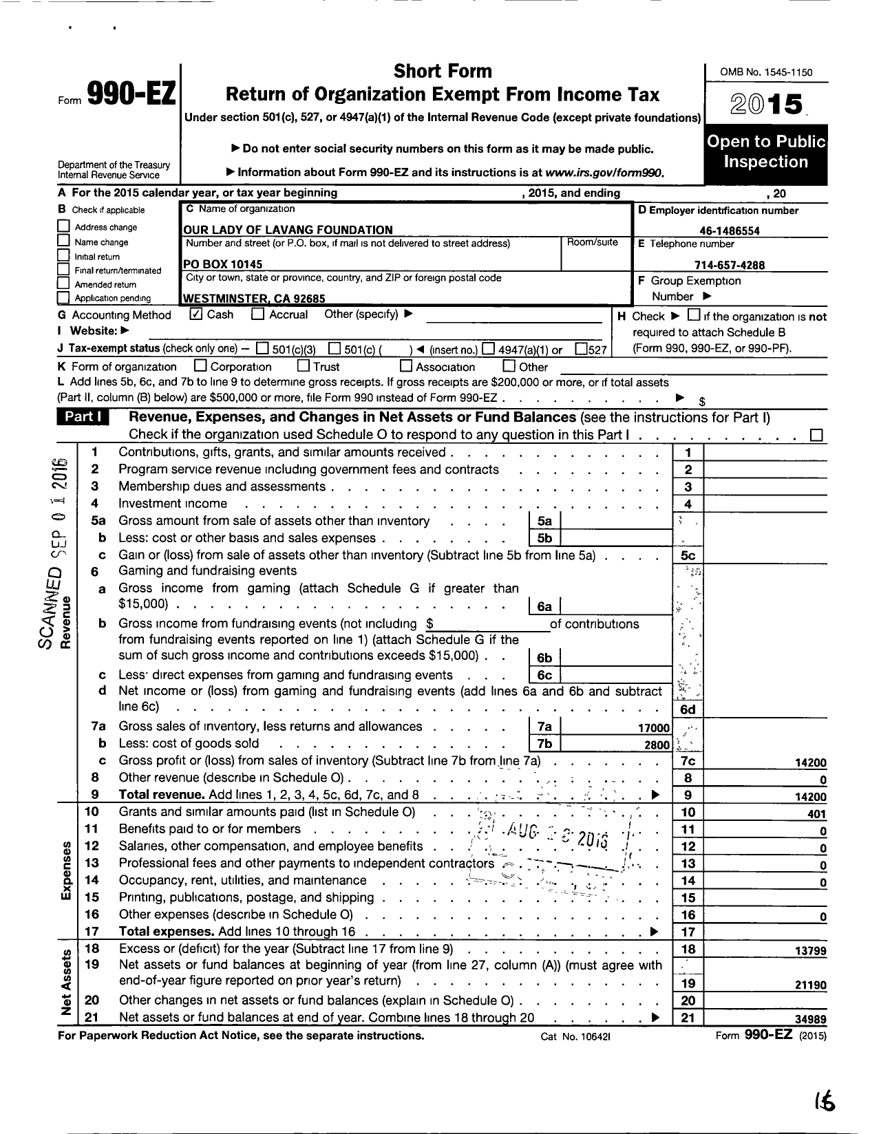 Image of first page of 2015 Form 990EO for Our Lady of La Vang Foundation