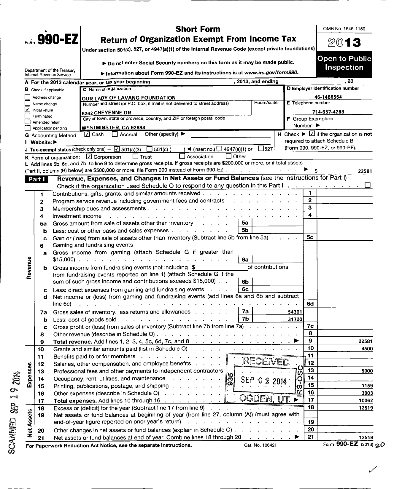 Image of first page of 2013 Form 990EZ for Our Lady of La Vang Foundation