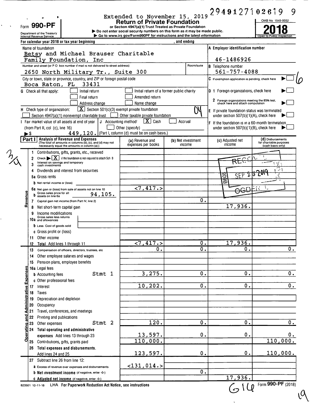 Image of first page of 2018 Form 990PF for Betsy and Michael Brauser Charitable Family Foundation