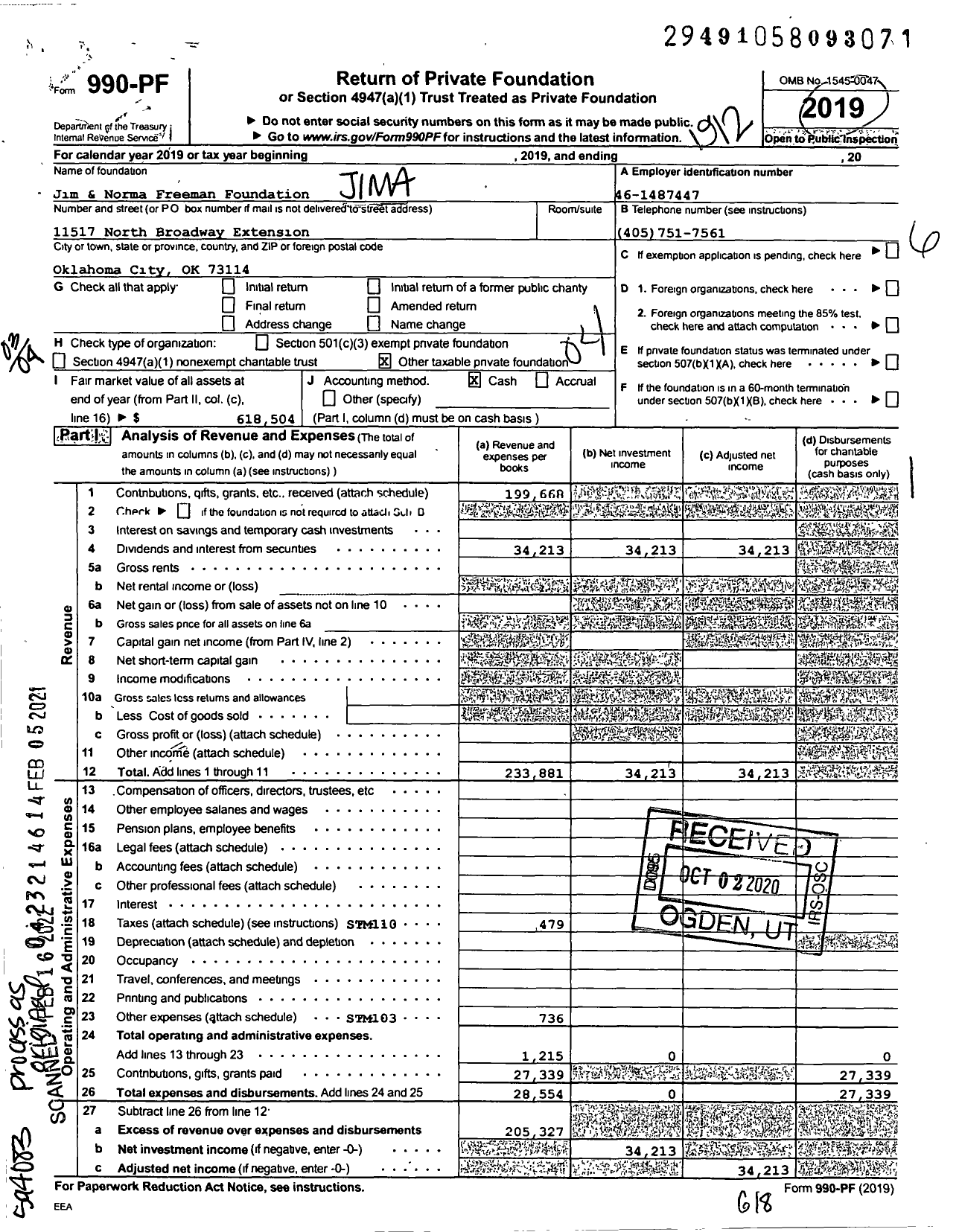 Image of first page of 2019 Form 990PF for Jim and Norma Freeman Foundation