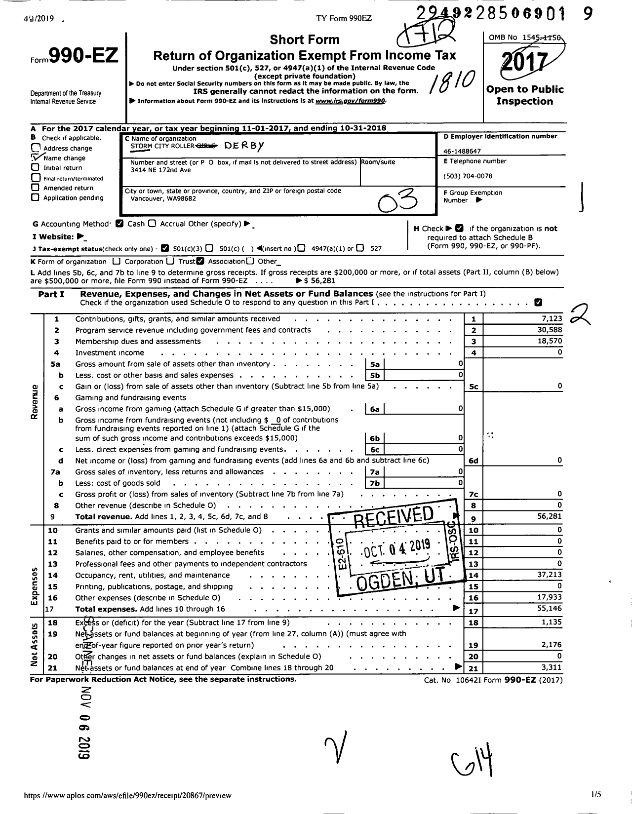 Image of first page of 2017 Form 990EZ for Storm City Roller Derby