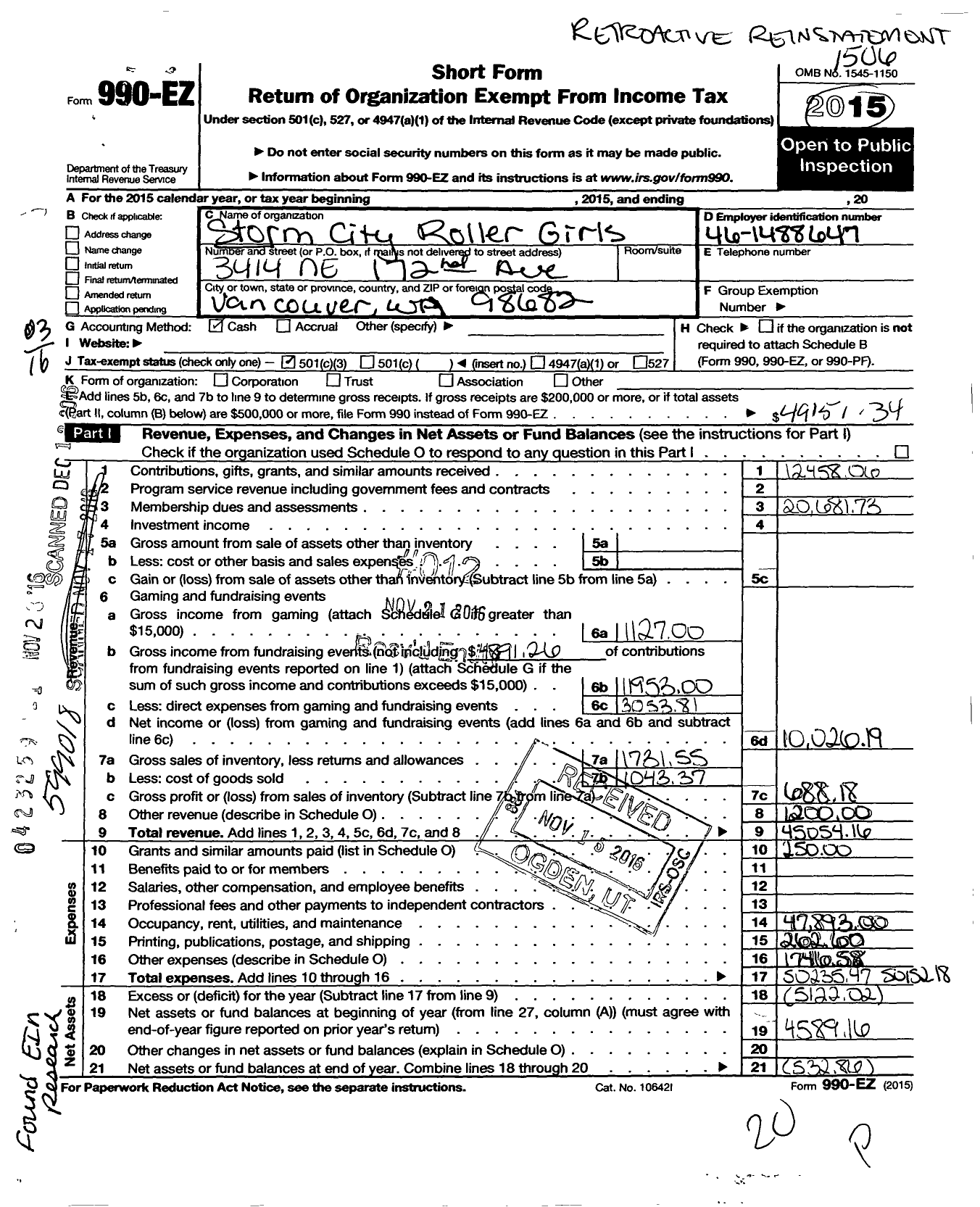 Image of first page of 2014 Form 990EZ for Storm City Roller Derby