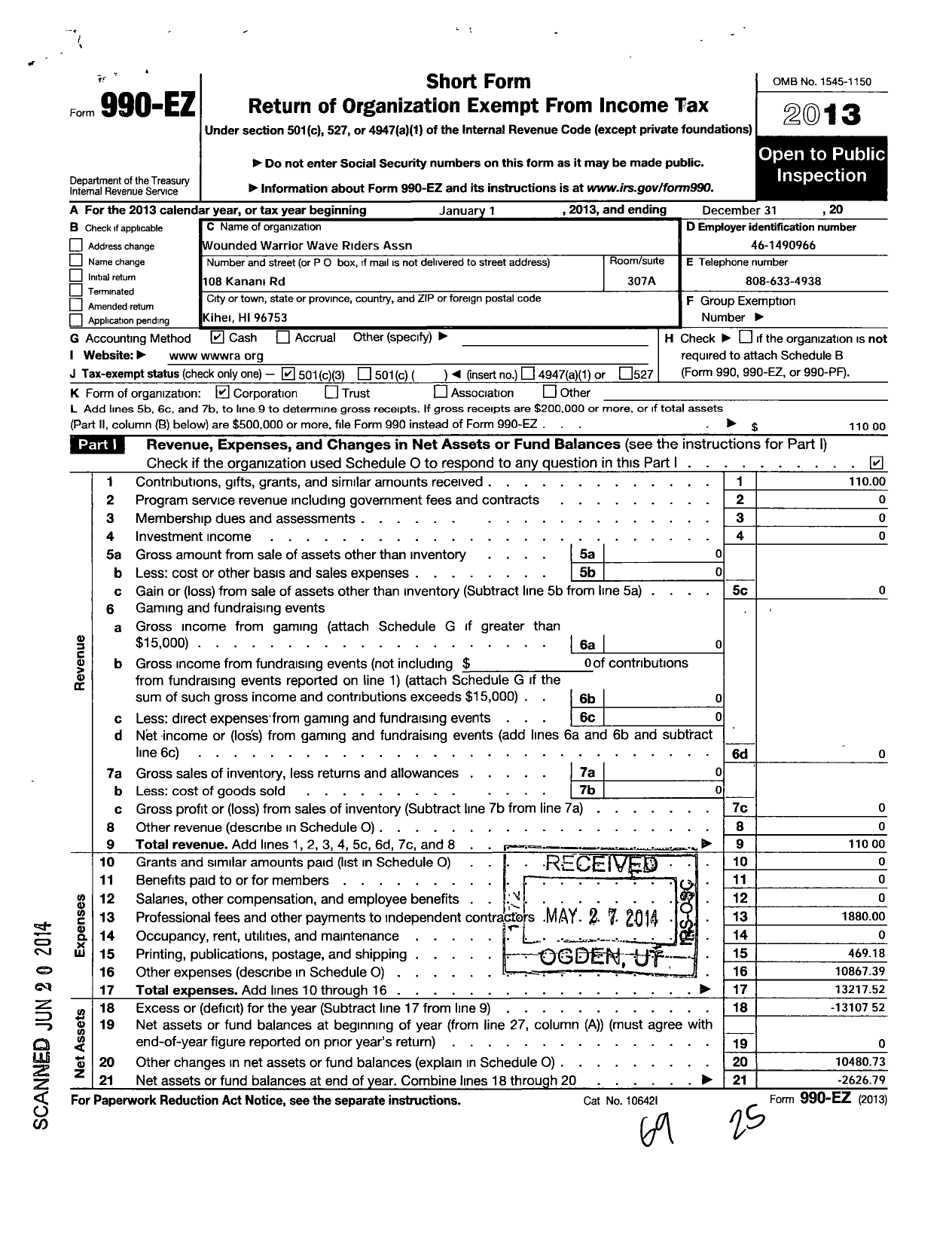 Image of first page of 2013 Form 990EZ for Wounded Warrior Wave Riders Assn
