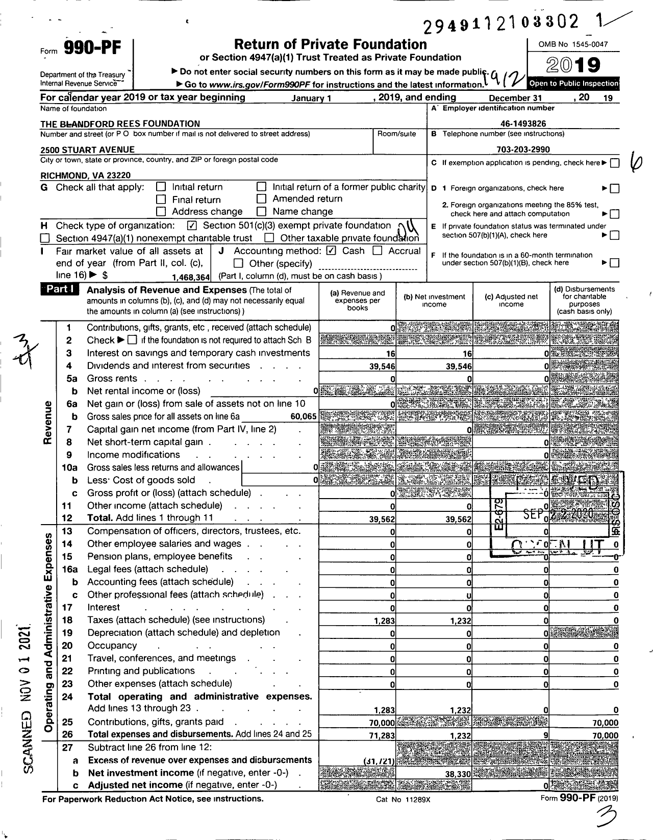 Image of first page of 2019 Form 990PF for The Blandford Rees Foundation