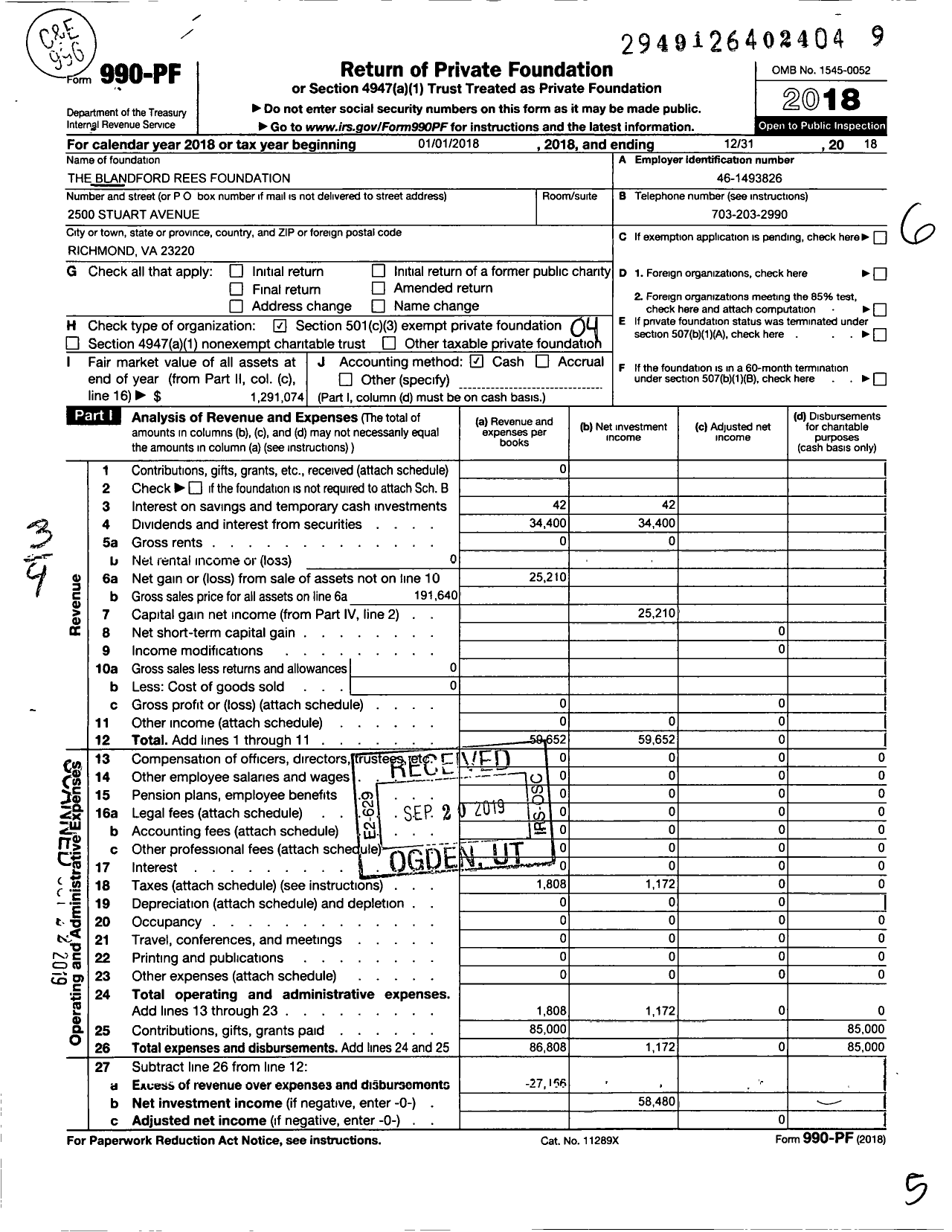 Image of first page of 2018 Form 990PF for The Blandford Rees Foundation