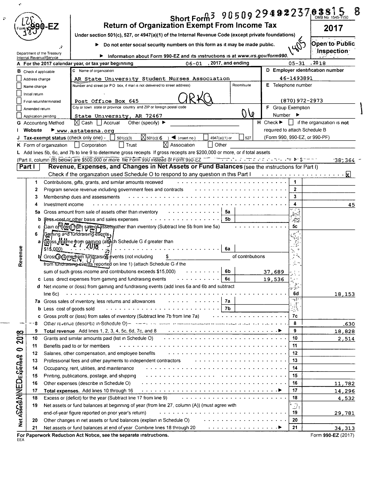 Image of first page of 2017 Form 990EO for Arkansas State University Student Nurses Association (ASU SNA)