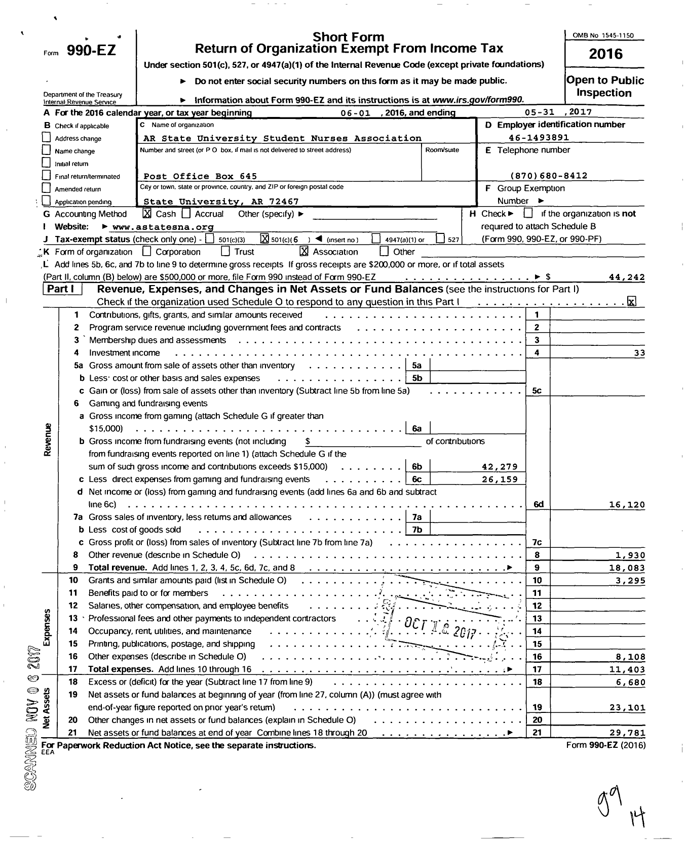 Image of first page of 2016 Form 990EO for Arkansas State University Student Nurses Association (ASU SNA)