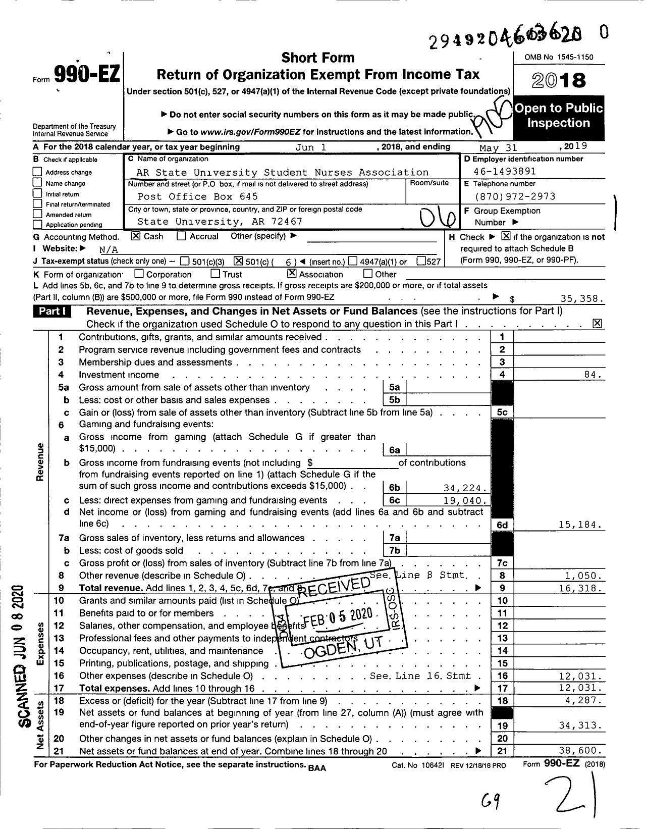 Image of first page of 2018 Form 990EO for Arkansas State University Student Nurses Association (ASU SNA)