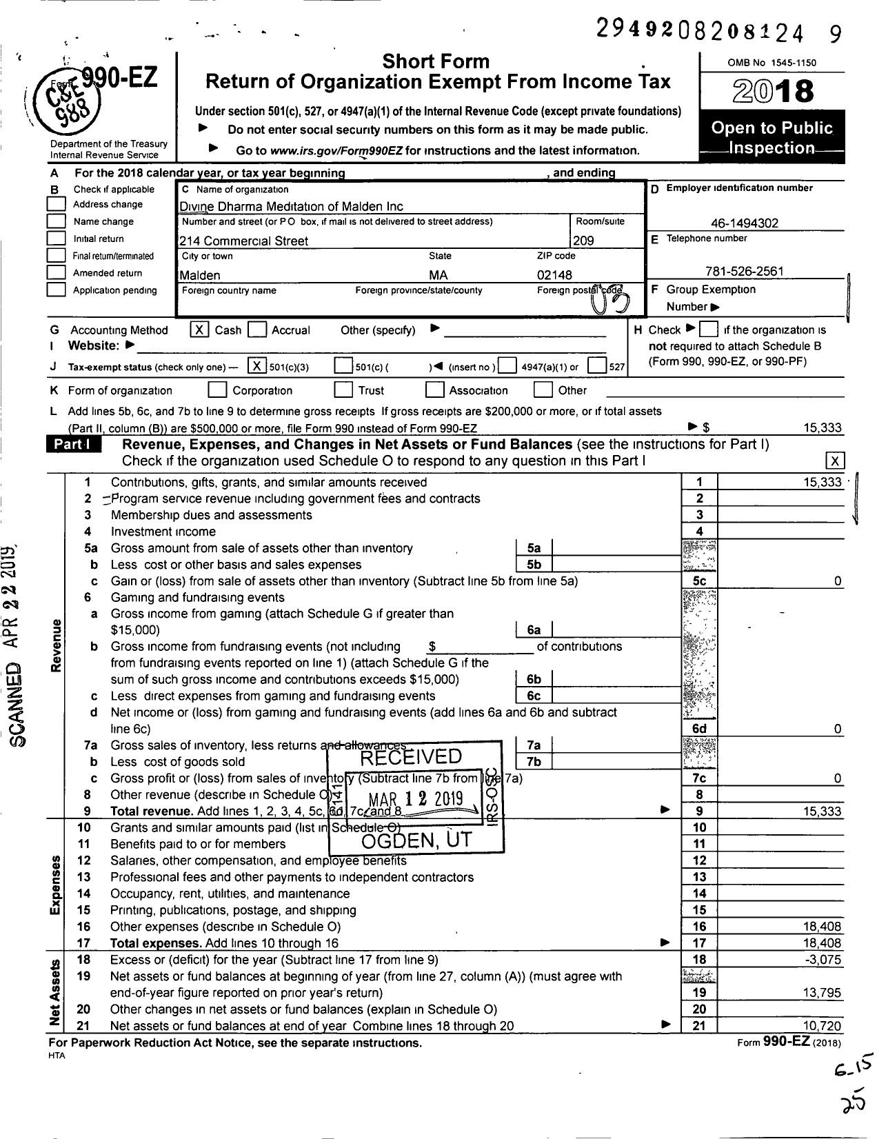 Image of first page of 2018 Form 990EZ for Divine Dharma Meditation of Malden