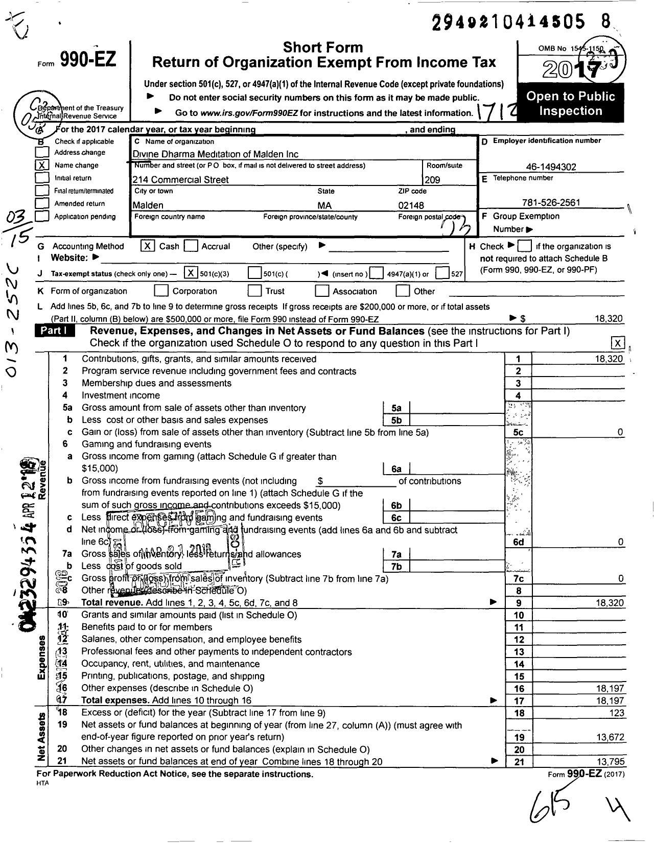 Image of first page of 2017 Form 990EZ for Divine Dharma Meditation of Malden