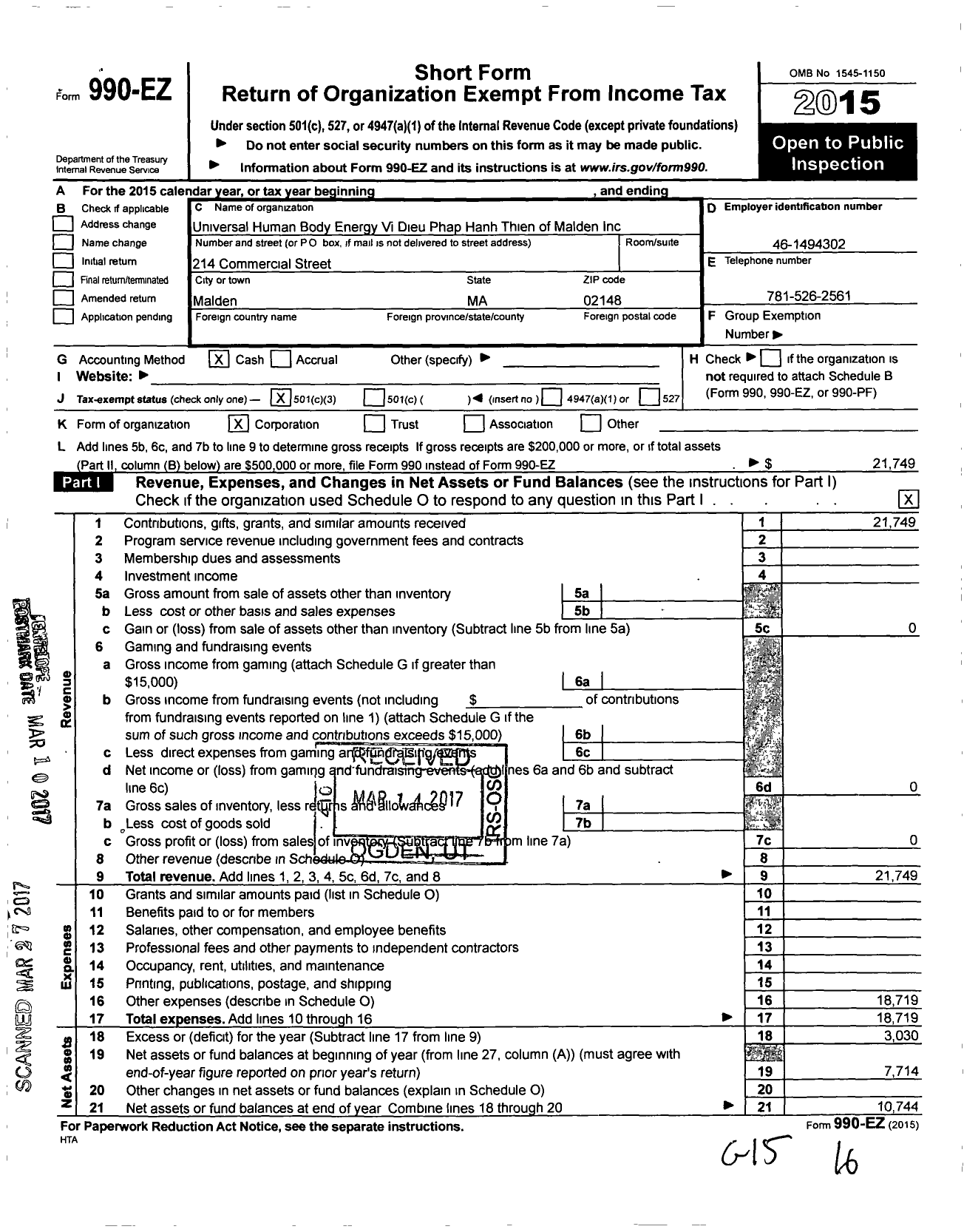 Image of first page of 2015 Form 990EZ for Divine Dharma Meditation of Malden