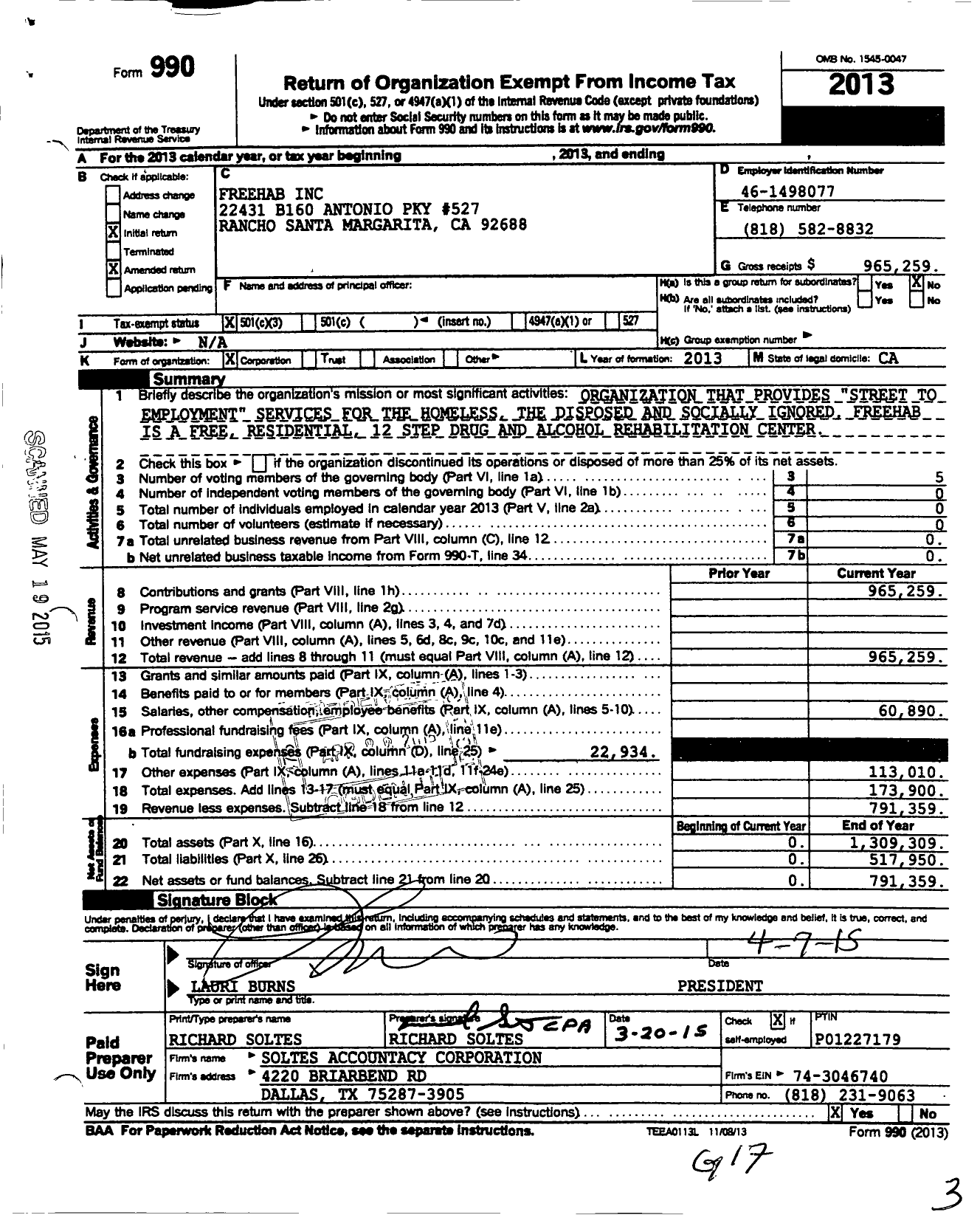 Image of first page of 2013 Form 990 for Freehab