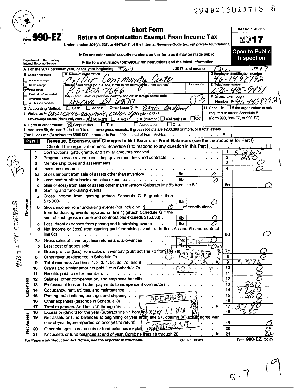 Image of first page of 2017 Form 990EZ for Collier Community Center