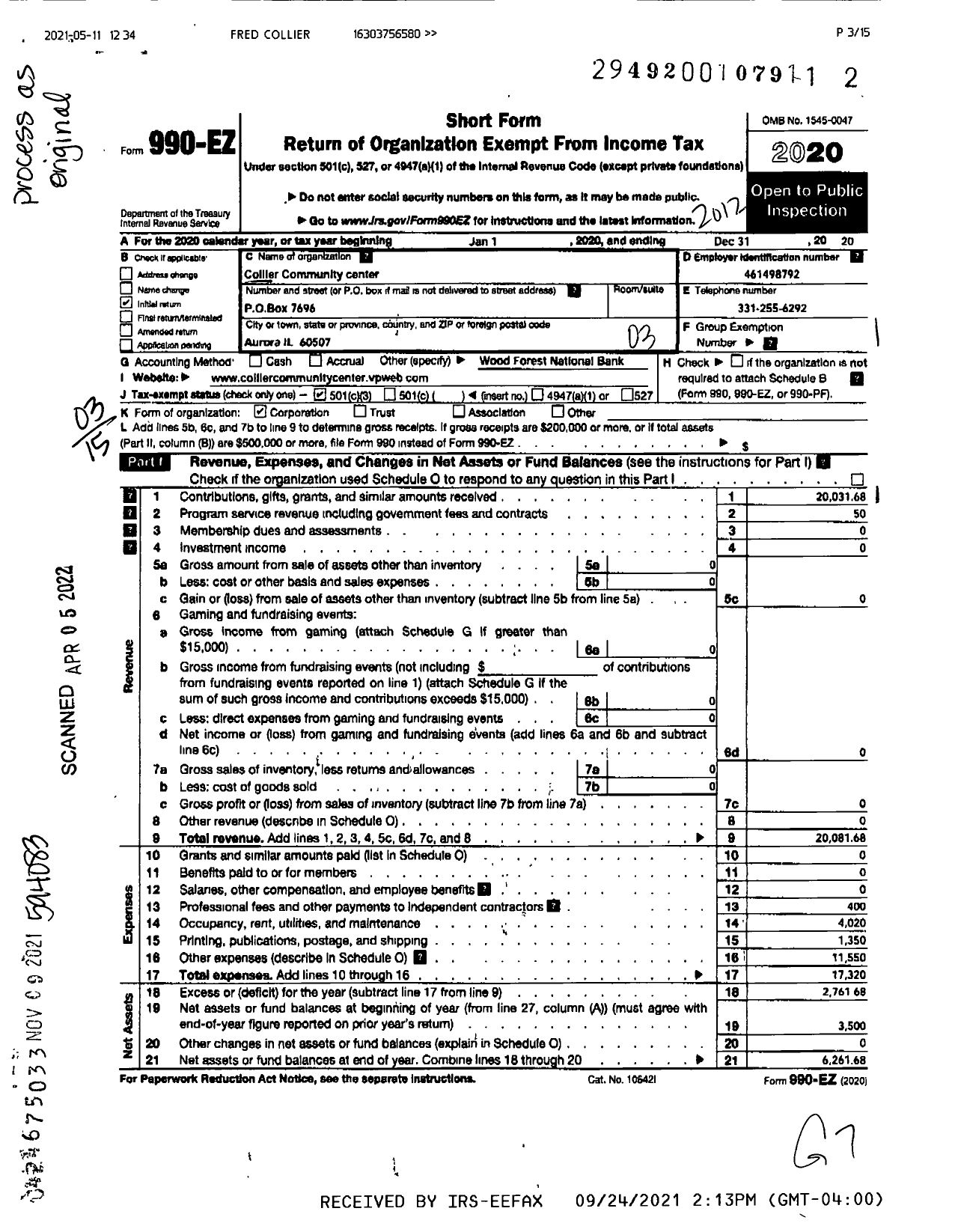 Image of first page of 2020 Form 990EZ for Collier Community Center