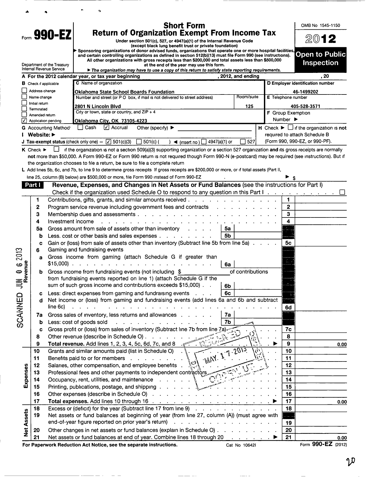 Image of first page of 2012 Form 990EZ for Oklahoma State School Boards Association Foundation