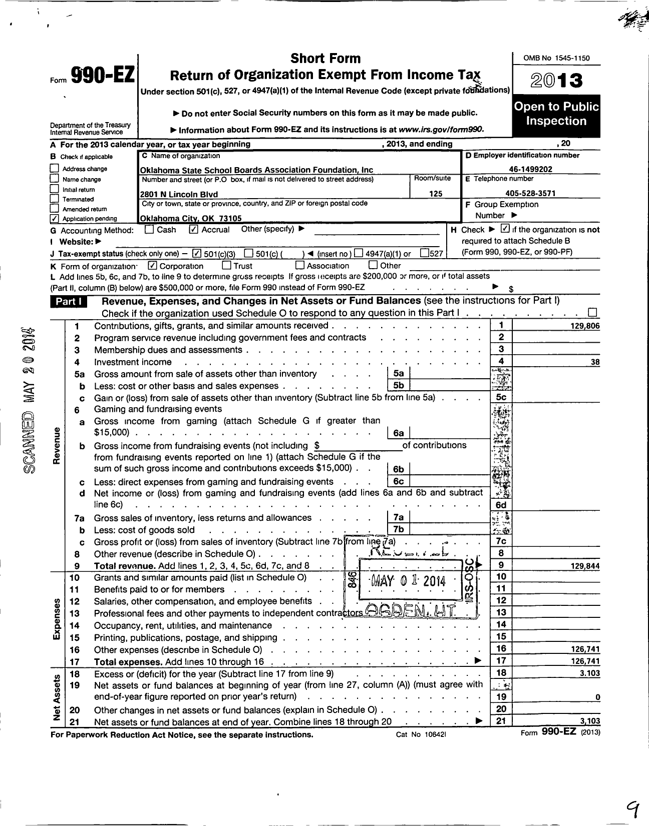 Image of first page of 2013 Form 990EZ for Oklahoma State School Boards Association Foundation