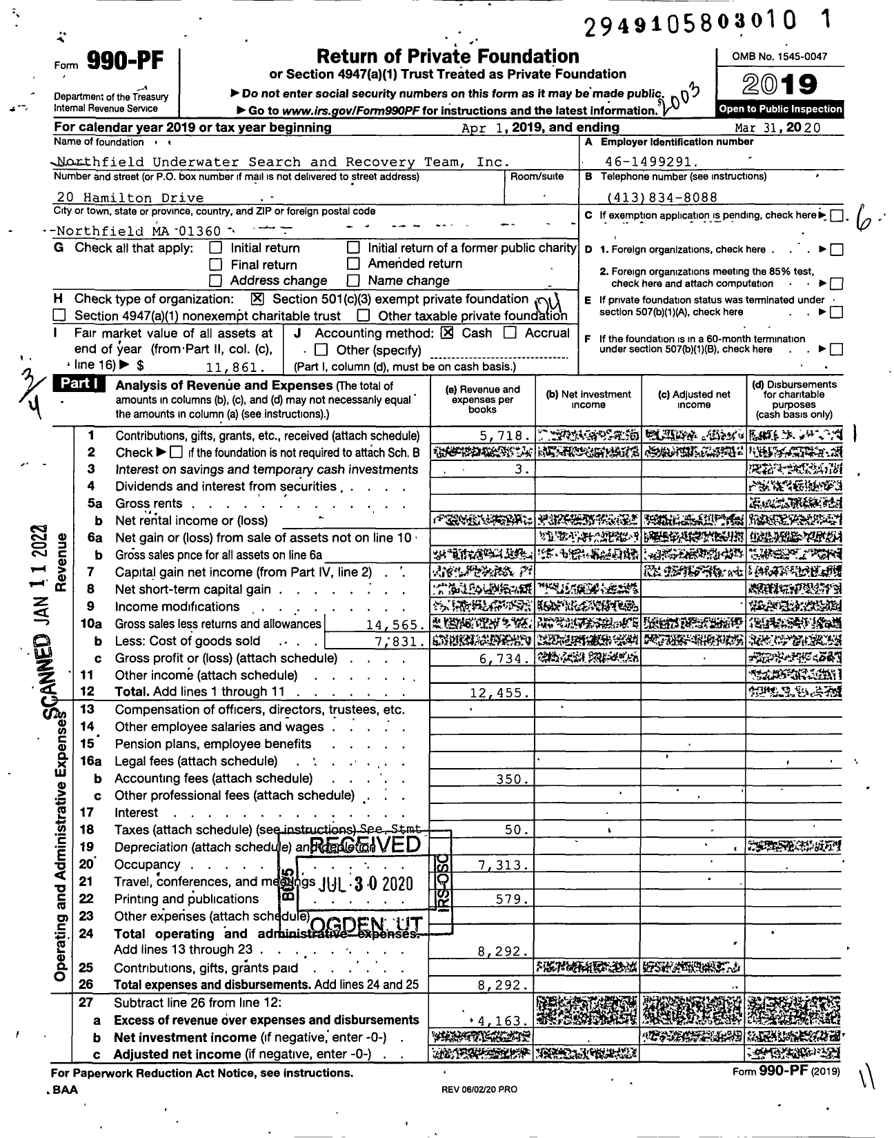 Image of first page of 2019 Form 990PF for Northfield Underwater Search and Recovery Team