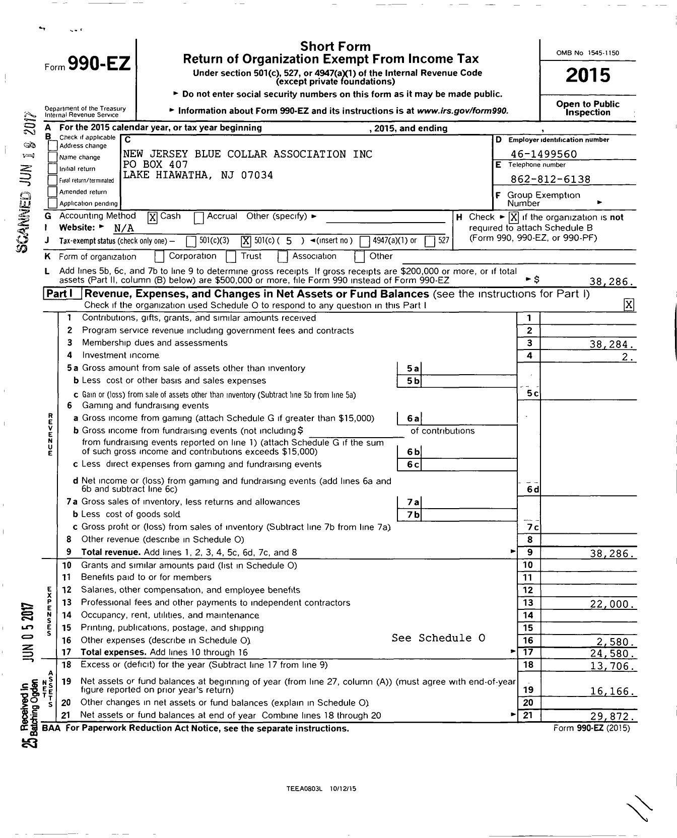 Image of first page of 2015 Form 990EO for New Jersey Blue Collar Association (NJBCA)