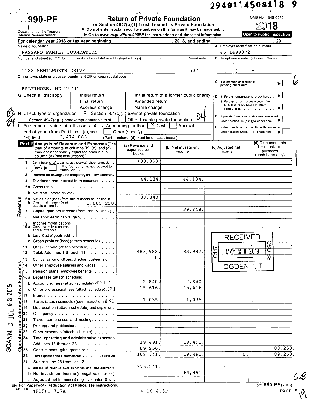 Image of first page of 2018 Form 990PF for Passano Family Foundation