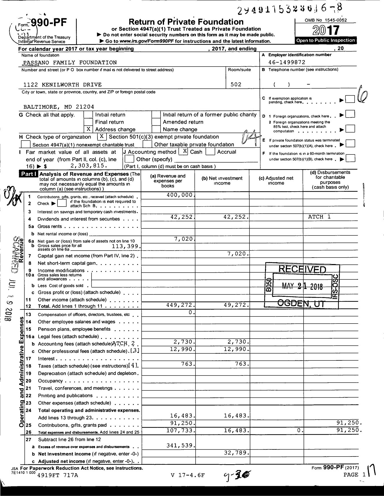 Image of first page of 2017 Form 990PF for Passano Family Foundation