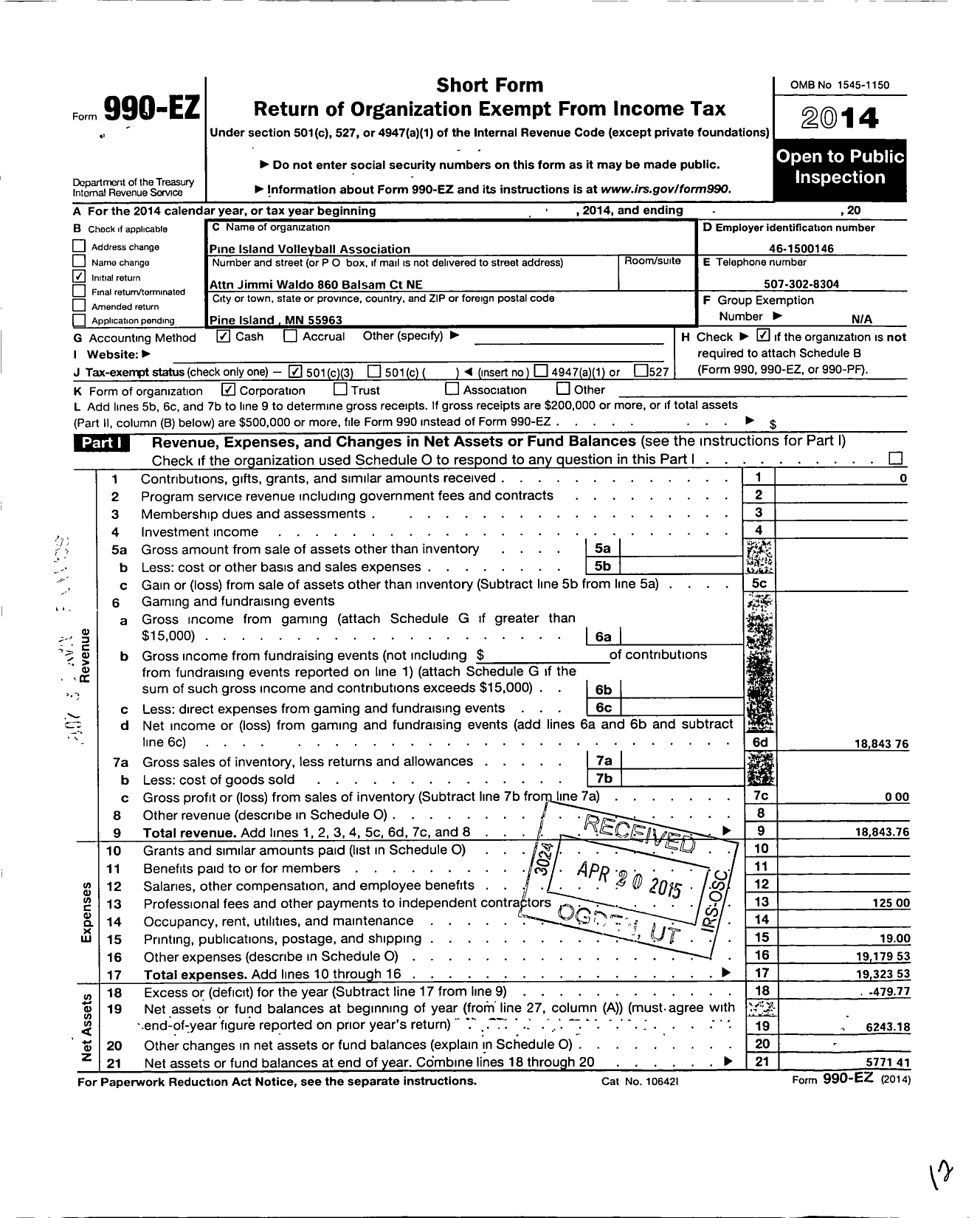 Image of first page of 2014 Form 990EZ for Pine Island Volleyball Association