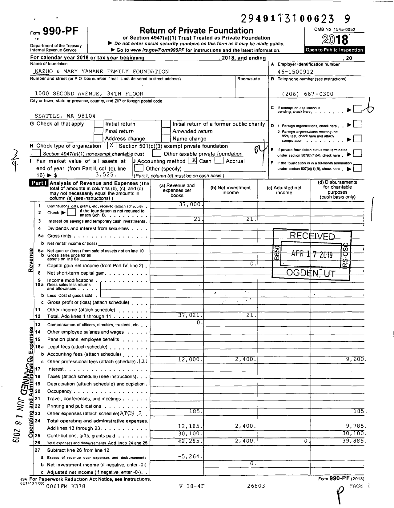 Image of first page of 2018 Form 990PF for Kazuo and Mary Yamane Family Foundation