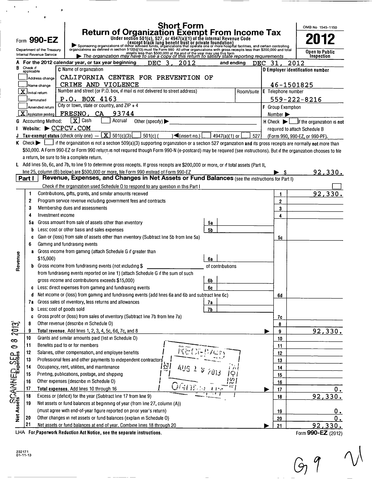 Image of first page of 2012 Form 990EZ for California Center for Prevention of Crime and Violence