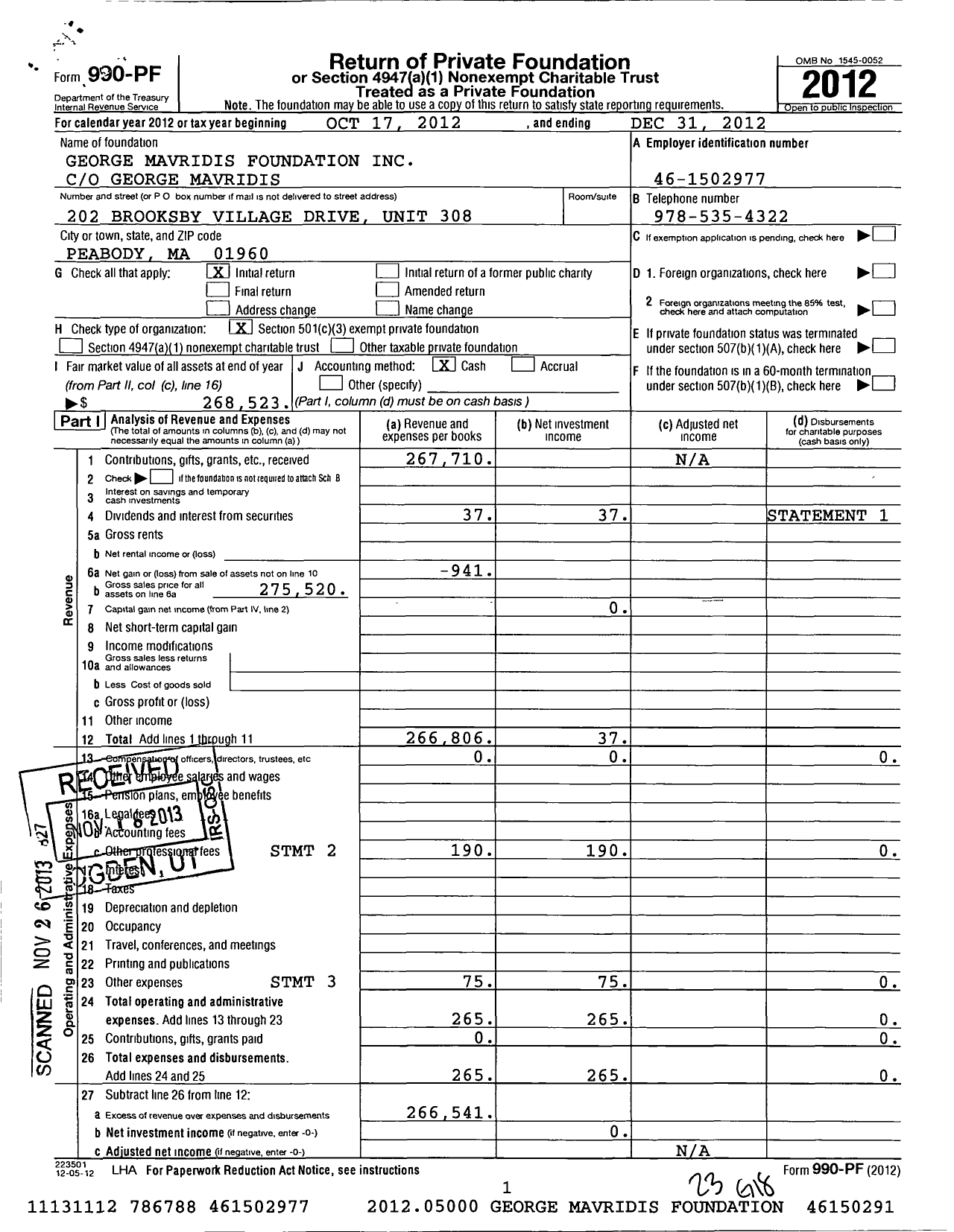 Image of first page of 2012 Form 990PF for George Mavridis Foundation