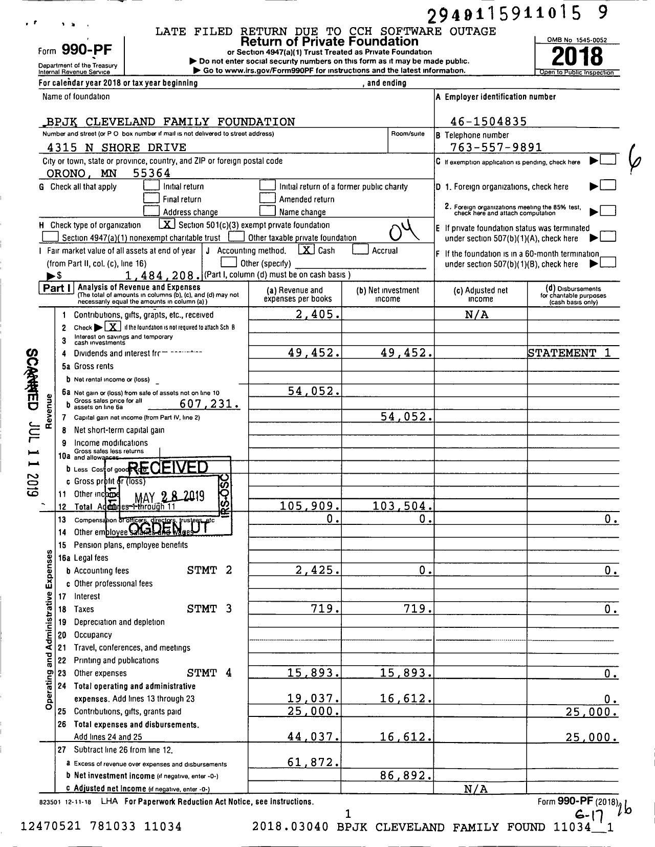 Image of first page of 2018 Form 990PF for BPJK Cleveland Family Foundation