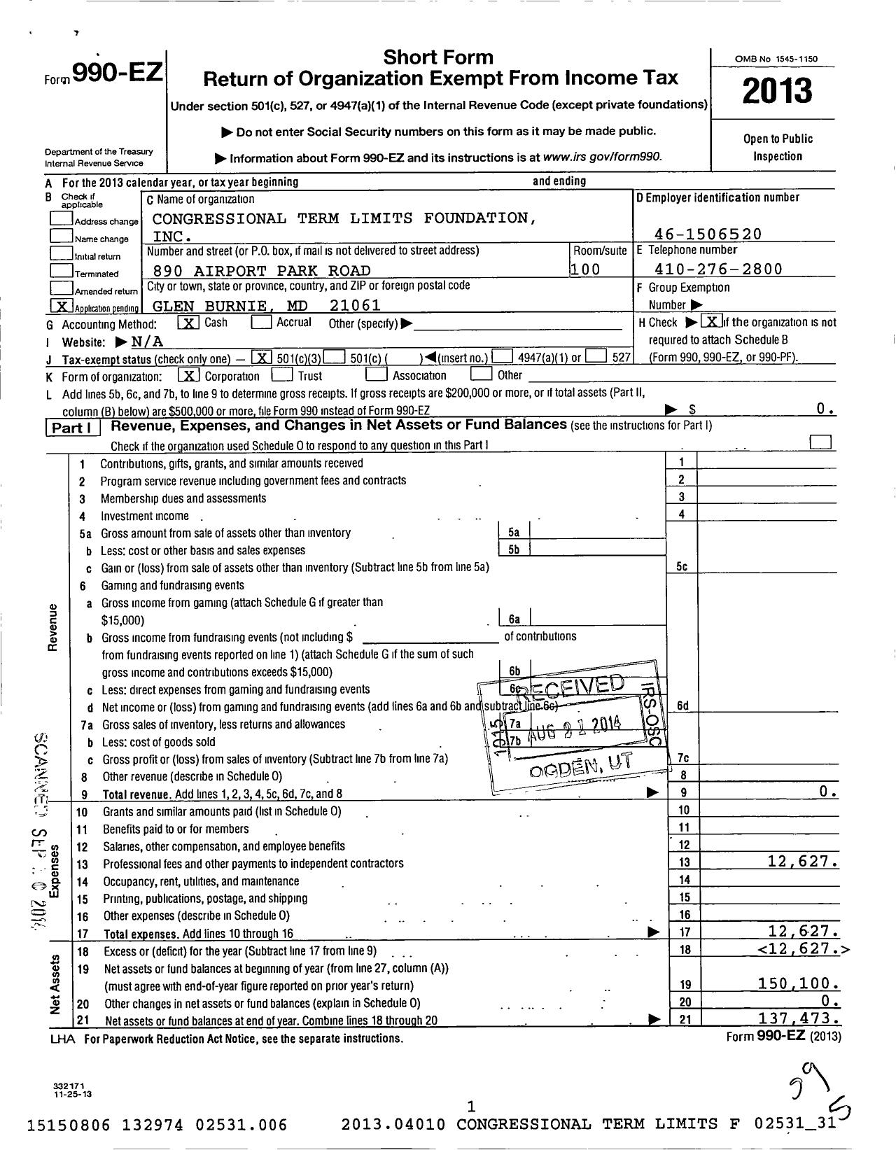 Image of first page of 2013 Form 990EZ for Congressional Term Limits Foundation