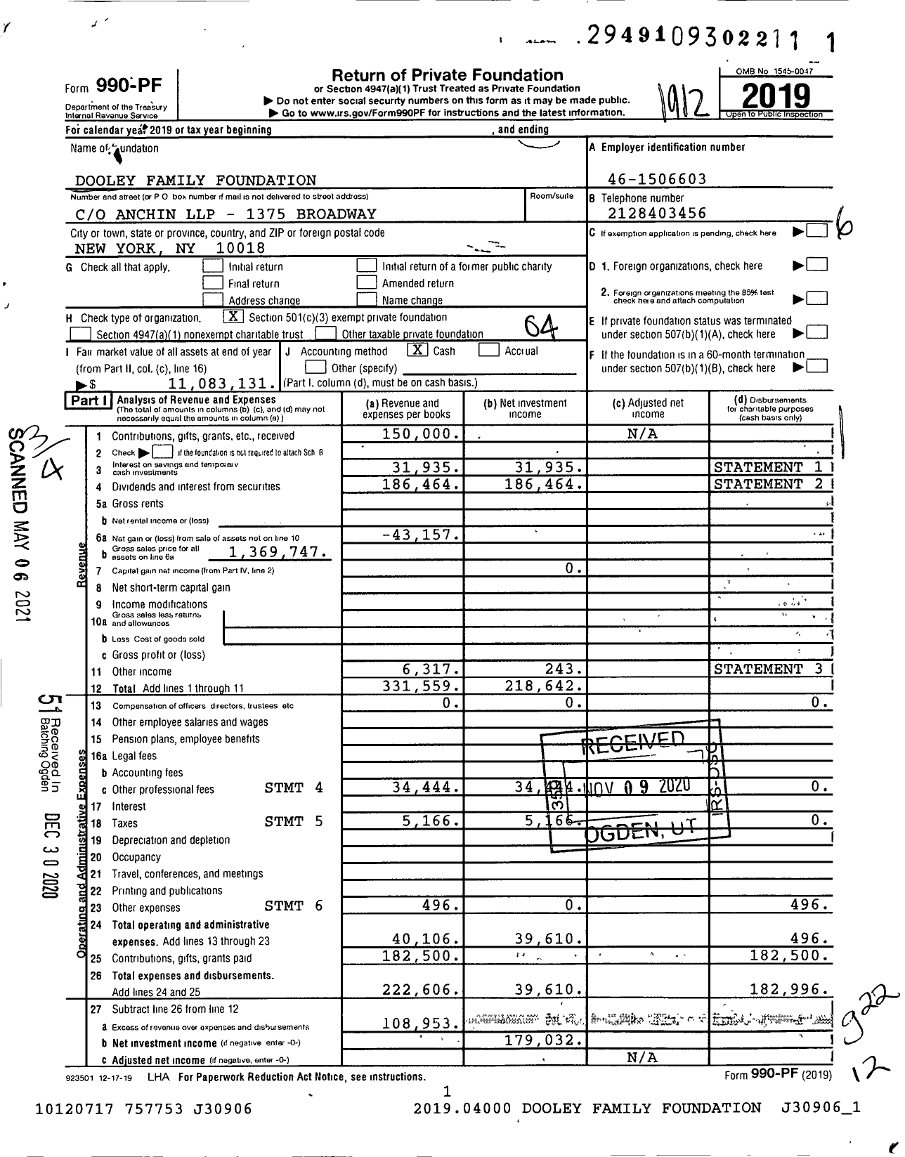 Image of first page of 2019 Form 990PF for Dooley Family Foundation