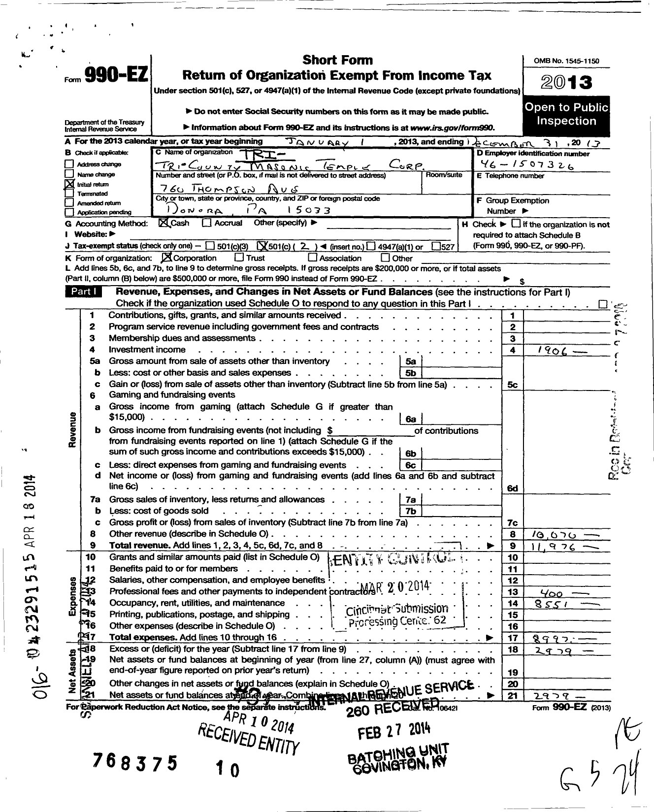 Image of first page of 2013 Form 990EO for Tri-County Masonic Temple Corporation