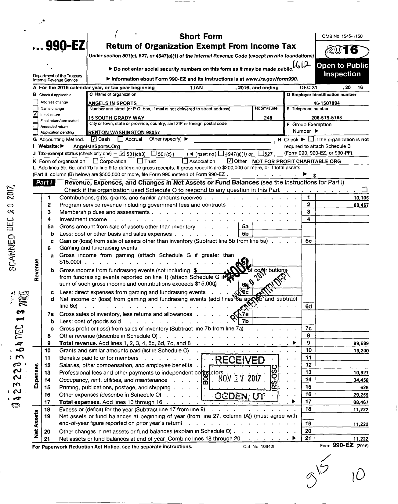 Image of first page of 2016 Form 990EZ for Angels in Sports